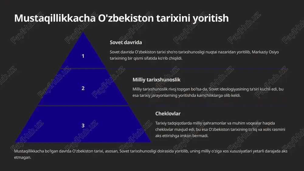 hamkorlikning rivojlanishi muhim ahamiyatga ega bo'ldi. bir qator xorijiy universitetlar va ilmiy markazlar bilan hamkorlik shartnomalari imzolandi, ular orqali o'zbekistonlik olimlar xalqaro ilmiy loyihalarda qatnashadilar va o'z tajribalarini almashishadi. ilmiy almashinuv xorijiy mamlakatlarning o'zbek olimlari uchun grant dasturlari va stajirovka imkoniyatlari yaratilib, ular yangi ilmiy usullarni o'rganish va o'z bilimlarini oshirish imkoniyatiga ega bo'lishdi. ilmiy almashinuvlar o'zbekistonlik olimlarning xalqaro ilmiy jamoatchilikka integratsiyasini tezlashtirishga yordam bermoqda. 7 tarixiy shaxslar va ularning o'rni mustaqillikdan keyin tarixiy shaxslar haqidagi ilmiy nashrlar soni sezilarli darajada oshdi. o'zbekiston tarixiga katta hissa qo'shgan shaxslarning hayot va faoliyati chuqurroq o'rganildi. bu jarayonda zamonaviy tarixchilar eski qarashlarni qayta ko'rib chiqib, yangi hujjatlar va arxiv ma'lumotlarini tahlil qilishga e'tibor qaratdilar. 8 milliy tiklanish va qadriyatlarni tiklash tarixiy xotira mustaqillik davrida o‘zbekistonning tarixiy xotirasini tiklashga katta e’tibor qaratildi. o‘tmishdagi buyuk sivilizatsiyalar, ulug‘ allomalar, tarixiy voqealar va milliy qadriyatlarni qayta kashf etish va ularni kelajak avlodlarga yetkazishga katta e’tibor berildi. milliy …