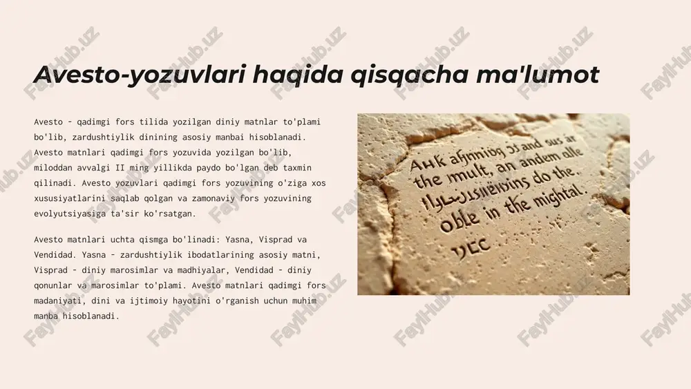 i haqida ma'lumot beradi. shahrisabz amir temur tug'ilgan shahar, qadimgi davrlarda "kesh" deb nomlangan. bu erda topilgan yozuvlar qadimgi o'zbek xalqining madaniyati va tarixi haqida guvohlik beradi. 8 qadimgi movarounnahrda yozuv madaniyatining rivojlanishi 1 avesto yozuvlari qadimgi fors tilida yozilgan, diniy matnlar 2 kuneyform yozuvi sumer-akkadiy tilida yozilgan, savdo va hukumat yozuvlari 3 xorazm yozuvlari qadimgi xorazm tilida yozilgan, o'ziga xos alifbo 4 yunon yozuvi qadimgi yunon tilida yozilgan, savdo va madaniy aloqalar 5 sug'd yozuvi qadimgi sug'd tilida yozilgan, madaniy va diniy matnlar movarounnahr hududi qadimgi davrlarda turli yozuv tizimlari bilan boy edi. avesto yozuvlari diniy matnlarni yozib olish uchun ishlatilgan bo'lsa, kuneyform yozuvi esa savdo va hukumat ishlari uchun xizmat qilgan. xorazm yozuvi esa qadimgi xorazm tilida yozilgan, o'ziga xos alifbo edi. yunon yozuvi savdo va madaniy aloqalar uchun ishlatilgan, sug'd yozuvi esa madaniy va diniy matnlarni yozib olishda qo'llanilgan. bu turli yozuv tizimlarining mavjudligi movarounnahrning qadimgi davrlarda …