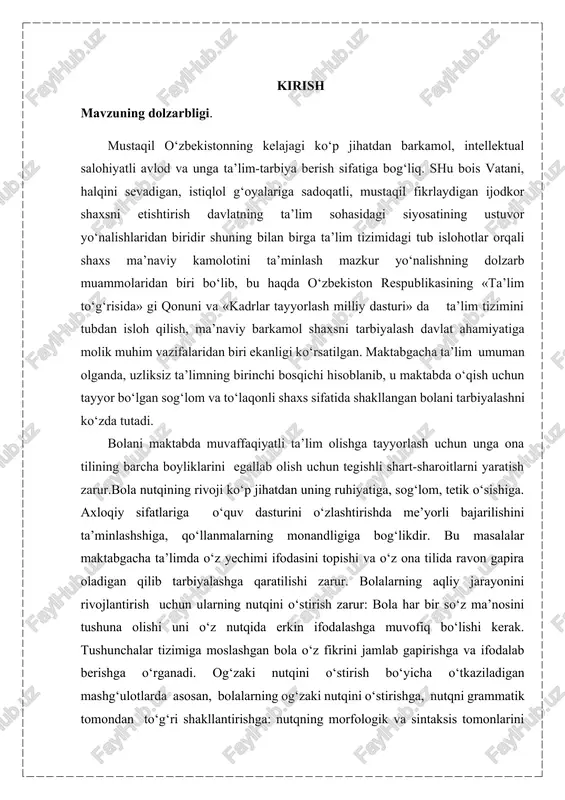 uradi. ravon nutq bola til boyligini qanchalik o‘zlashtirganligining ko‘rsatkichi hisoblanadi, u bolaning aqlan, estetik, emotsional jihatdan rivojlanish darajasini aks ettiradi. monologik nutqni rivojlantirish nazariyasi va metodikasining yanada rivojlanishi bolalar ravon nutq turlari va fikr bildirishning turli xillarini o‘zlashtirish xususiyatlarining chuqur tadqiq etilishi bilan tavsiflanadi. izohlovchi nutqlar, mulohaza shaklidagi jumlalarning xususiyatlari o‘rganiladi va uning negizida bolalarga monologlarning turli xillarini o‘rgatish metodikasi yaratiladi.f.a.soxin, o.s.ushakova va ularning shogirdlari tomonidan ravon nutqni shakllantirishninig turli jihatlari bo‘yicha olib borilgan tadqiqotlar ravon nutqni baholashning shunchaki mantiqlilik, izchillikdan ko‘ra yanada aniqroq mezonlarini qidirishni galdagi vazifalardan biri qilib qo‘ydi. ravonlikning asosiy ko‘rsatkichi sifatida so‘zlar, gaplar va fikrlarning qismlari o‘rtasida zarur aloqa vositalaridan foydalangan holda, matnni tarkibiy jihatdan to‘g‘ri tuzish qobiliyatini shakllantirish qabul qilingan.olimlar bolalarni o‘qitishni ularning yuqori darajadagi aqliy va nutqiy rivojlanish darajasini ta’minlash, til qobiliyatlarini shakllantirish imkonini beradigan darajada optimal tashkil etish yo‘llarini topish borasida faol ish olib bormoqdalar. nutqni o‘qitishning nazariy va empirik muammolarini tadqiq etish …