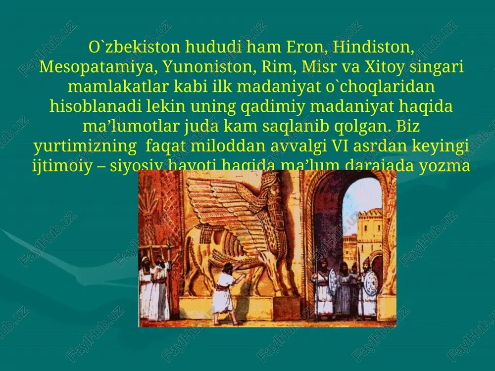 di. lekin yunon baqtriyaning ichki ahvoli u qadar mustahkam emas edi. mahalliy halq bilan yunon makadoniyalik hokimlar o`rtasidagi ziddiyat tobora chuqurlashib bordi, chet el bosqinchilarga qarshi qo`zg`alonlar kuchaydi. halq harakati, ayniqsa so`g`diyonada keskin tus oldi natijada miloddan avvalgi ii asr ohirida va i asr boshlarida so`g`diyona mustaqillikni qo`lga kiritishga muoffaqiyatga erishdi. yunon baqtriya o`lkalarida ham mustaqillik uchun kurash kuchaydi. qadimdan shimoliy xitoyda istiqomad qilib kelgan hunlar miloddan avvalgi ii asr ohirida xitoyliklar tazyiqi ostida g`arbga tomon chekinishga majbur bo`ldilar va sharqiy turkiston hamda ettisuv vohasida ko`chib yurgan skif (xitoy manbalarida yuechiji antik adabiyotda toharlar nomi bilan mashhur) va usun qabilalarini surib chiqardilar. shunday qilib yunon baqtriya davlati o`rnida yuechijilar (toxarlar) davlati tashkil topdi bu davlat tarixda kushonlar davlati bilan mashxurdir kushonlar davllatiga hozirgi o`zbekistonning katta qismi, afg`oniston shimoliy hindiston va pokistonning shimoliy g`arbiy qismi qaragan bo`lib ayniqsa kanishka va uning that vorisi xuvishka hukmronlik qilgan yillari kuchaydi. lekin milodning ii …