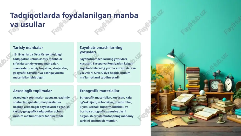 turk sayyohi evliya chelebi (1611-1682) o‘zining “seyahatnomada” orta osiyo shaharlarini ta'riflab, ularning turmush tarzi, madaniyati, arxitekturasi haqida qimmatli ma'lumotlar taqdim etgan. 7 arxeologik va etnografik izlanishlarning ahamiyati madaniy merosimizni o'rganish arxeologik qazishmalar orqali biz qadimgi xalqlarning turmush tarzi, madaniyati, san'ati va dini haqida bilimlarga ega bo'lamiz. bu bilimlar bizning o'tmishga bo'lgan tushunchamizni chuqurlashtiradi. xalqlarning etnografik xususiyatlari etnografik tadqiqotlar esa xalqlarning turmush tarzi, urf-odatlari, an'analari va madaniy qadriyatlarini o'rganishga qaratilgan. bu tadqiqotlar bizning o'ziga xos milliy identifikatsiyamizni shakllantirishda muhim rol o'ynaydi. tarixiy-geografik tadqiqotlarni boyitish arxeologik va etnografik izlanishlar tarixiy-geografik tadqiqotlarni boyitadi va ularga chuqurroq manzarani beradi. bu bilimlar bizning mintaqamizning tarixi, madaniyati va geografiyasi haqida to'liq tasavvurga ega bo'lishimizga yordam beradi. 8 kartografiya sohasidagi tadqiqotlar 1 hududlarni xaritaga tushirish 16-19-asrlarda orta osiyo hududlari xaritasini tuzishda katta yutuqlarga erishildi. bu davrda ko'plab sayohatchilar va olimlar o'z safarlari va tadqiqotlari natijasida olingan ma'lumotlarni xaritaga tushirishgan. 2 geografiya va kartografiya o'sha davrda rivojlangan geografiya …