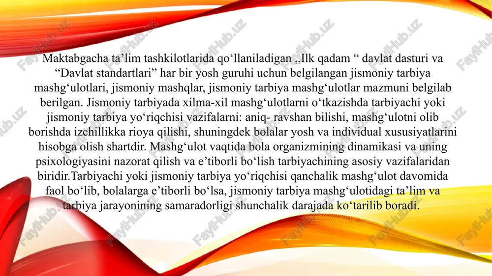 n lentalar yopishtirilgan bo‘lib bolalar shu lentaning bir uchidan ushlab turishadi. biror bir yomg‘ir yoki soyobon haqidagi musiqa qo‘yilib o‘yin boshlanadi. tarbiyachi qo‘lidagi soyobonni aylantirsa bolalar ham soyobonning lentalaridan ushlab yugirishadi. soyobonni yig‘sa bolalar tarbiyachi oldida to‘planishadi, soyobon yerga qo‘yilsa bolalar ham aylana shaklida joylarida o‘tirib olishadi. bolalarga o‘yin qoidalari tushintirib bo‘lingach harakatlar tezlashtiriladi. jismoniy tarbiya mashg‘ulotlarning ahamiyati shundaki, bolalarda harakatlar madaniyatining kompleks rivojlantirish hamda bolalarni sog‘lomlashtirish, bolalarga ta’limiy va tarbiyaviy vazifalarni muntazam amalga oshirishdan iboratdir. bu vazifalarning bajarilishi, bolalar organizmning funksional takomillashuvi, bolalar sog‘ligining mustahkamlanishi, bolalar tomonidan to‘g‘ri harakat ko‘nikmalarining egallanishini, jismoniy sifatlar hamda, jismoniy tarbiya va sportga nisbatan qiziqishni uyg‘otish va jismoniy jihatdan rivojlanishini ta’minlaydi. jismoniy tarbiya mashg‘ulotlari bolalarni sog‘lomlashtirish, bola tanasini chiniqtirish birgalikda olib boriladi, bunda albatta tarbiyachi yoki jismoniy tarbiya yo‘riqchisi bolaning jismoniy tarbiya gigiena qoidalariga rioya qilishiga ham e’tibor berishi shart. ta’lim-tarbiyaviy vazifasi; mashg‘ulotlar jarayonida bolaning ma’naviy axloqiy sifatlarini shakllantirish, jismoniy tarbiya va sport sohasiga …