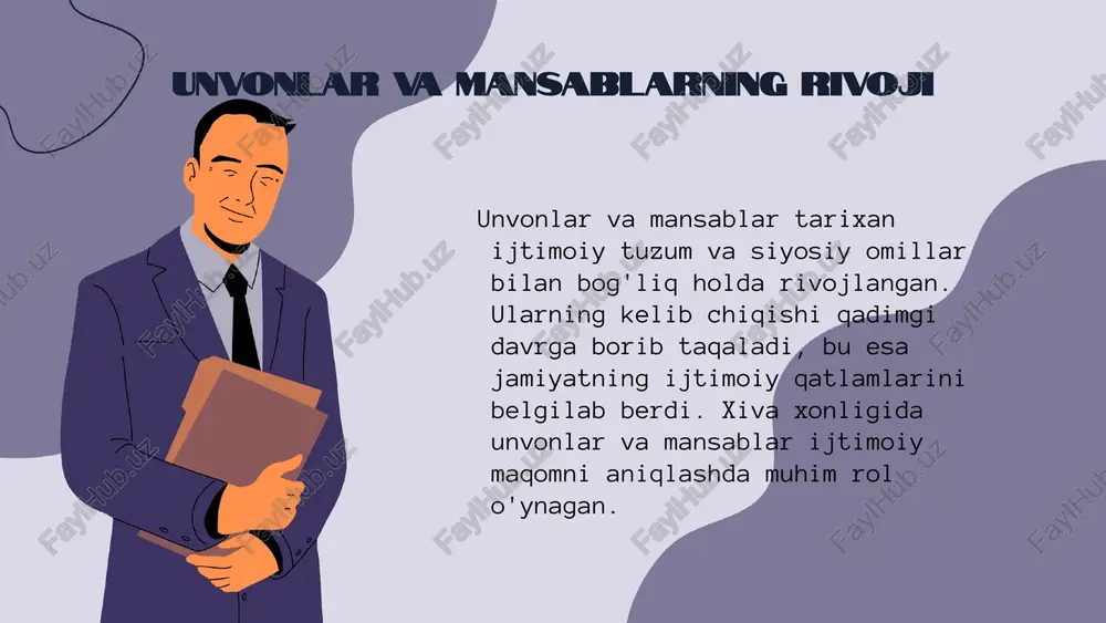 imoiy harakatlilikni ta'minlaydi. - unvon va mansablarning ta'siri madaniyat va an'analar bilan bog'liq. misol: xiva khanatida "boshqalar" unvoni, o'z egalarini ijtimoiy tuzilma ichida yuqori maqomga olib chiqardi va ularning ijtimoiy hayotdagi mavqelarini kuchaytirdi. ijtimoiy stratifikatsiya va unvonlar ijtimoiy stratifikatsiya tushunchasi ijtimoiy stratifikatsiya – bu jamiyatda insonlarning turli ijtimoiy qatlamlarga bo‘linishi jarayonidir. bu jarayon ijtimoiy mavqega, iqtisodiy holatga va madaniy xususiyatlarga asoslanadi. o‘zbekiston tarixida, xususan, xiva xonligida stratifikatsiya ijtimoiy guruhlar o‘rtasidagi farqlarni ko‘rsatadi. unvonlar va mansablarning stratifikatsiyaga ta'siri unvonlar va mansablar ijtimoiy stratifikatsiyani belgilovchi asosiy omillardir. ular insonlarning jamiyatdagi o‘rni va imkoniyatlarini belgilaydi. xiva xonligida unvonlar va mansablar ijtimoiy mavqeni mustahkamlashda muhim rol o‘ynagan. unvonlar va ijtimoiy tenglik unvonlarning ijtimoiy tenglikka ta'siri unvonlar ijtimoiy tenglikka ta'sir qilishi mumkin, chunki ular odamlarning ijtimoiy pozitsiyalarini belgilaydi va ijtimoiy stratifikatsiyani kuchaytiradi. unvonlar va tenglik o'rtasidagi bog'lanish unvonlar va tenglik o'rtasidagi bog'lanish, ijtimoiy qatlamlar o'rtasidagi farqni ko'rsatadi, bu esa odamlarning imkoniyatlariga ta'sir qiladi. ijtimoiy tenglik …