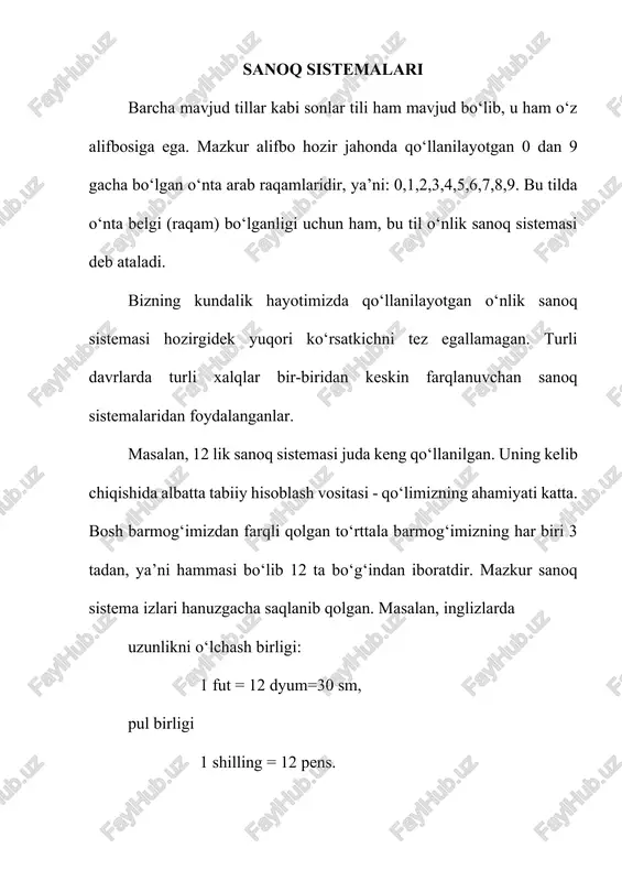 a boshqalaridan sodda. ikkilik sanoq sistemasining asosiy kamchiligi – sonlardagi xona(razryad)larning juda tez ortib ketishidir. o‘nlik sanoq sistemasidan ikkilikka va teskari o‘tkazishlarni kompyuterning o‘zi bajaradi. lekin kompyuterning imkoniyatlaridan oqilona foydalanish uchun uning tilini tushunish zarur bo‘ladi. shular sababli sakkizlik va o‘n oltilik sanoq sistemalari ishlab chiqilgan. bu sistemalardagi sonlar o‘nlik sanoq sistemasi kabi oson o‘qiladi, lekin ikkilik sanoq sistemasidagi sondan 3 (sakkizlikda) va 4 (o‘n oltilikda) marta kam razryad talab qiladi, chunki 8 = 23 va 16 = 24. pozitsiyali va pozitsiyali bo‘lmagan sanoq sistemalari sanoq sistemasi bu – sonlarni o‘qish va arifmetik amallarni bajarish uchun qulay ko‘rinishda yozish usuli. qadimda hisob ishlarida ko‘proq barmoqlardan foydalanilgan. shu sababli narsalarni 5 yoki 10 tadan taqsimlashgan. keyinchalik o‘nta o‘nlik maxsus nom – yuzlik, o‘nta yuzlik – minglik nomini olgan va h.k. yozuv qulay bo‘lishi uchun bu muhim sonlar maxsus belgilar bilan ifodalana boshlagan. agar hisoblashda 2 ta yuzlik, 7 ta o‘nlik, yana …
