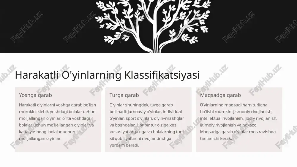 akatli o'yinlar jismoniy faollikni oshirish va bolalarning salomatligini yaxshilashga yordam beradi. 2 qiziqishni oshirish o'yinlar darslarni qiziqarli va jozibador qiladi, bu esa bolalarning o'qishga bo'lgan qiziqishini oshiradi. 3 mavzuga oid tushunchalarni mustahkamlash o'yinlar yordamida darslarda o'rganilgan mavzuga oid tushunchalarni mustahkamlash va amaliy jihatdan qo'llash mumkin. 4 jamoaviy ish harakatli o'yinlar bolalarning jamoaviy ish ko'nikmalarini rivojlantirishga yordam beradi. 7 harakatli o'yinlarni maktabdan tashqari tadbirlarda qo'llash bo'sh vaqtni to'ldirish harakatli o'yinlar bolalarning bo'sh vaqtini mazmunli va foydali o'tkazishga yordam beradi. ijtimoiylashish o'yinlar bolalarni boshqalar bilan muloqot qilishga, do'stlikni mustahkamlashga va jamoaviy ruhni shakllantirishga yordam beradi. stressdan xalos bo'lish harakatli o'yinlar bolalarda to'plangan stressni bartaraf etishga, kayfiyatini yaxshilashga va ruhiy holatini barqarorlashtirishga yordam beradi. sog'lom turmush tarzini shakllantirish o'yinlar bolalarda sog'lom turmush tarzini shakllantirishga, ularni sportga qiziqtirishga va jismoniy faollikni oshirishga yordam beradi. 8 harakatli o'yinlarni jismoniy tarbiya va sog'lom turmush tarzini shakllantirish uchun amaliy qo'llash 1 darslar maktab darslarida harakatli o'yinlardan jismoniy …