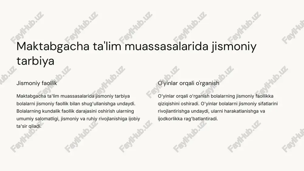 larni harakatli o'yinlar orqali jismoniy sifatlarni o'stirish 1 harakatli o'yinlarni tanlash bolalarning yosh va qobiliyat darajasiga mos keladigan harakatli o'yinlarni tanlash. 2 qoidalarni tushuntirish o'yin qoidalarini bolalarga tushuntirib berish, ularni o'yin qoidalariga rioya qilishga o'rgatish. 3 ijobiy munosabatni yaratish bolalarni o'yinga jalb qilish, ularning o'yin davomida quvonchini va qiziqishini oshirish. 4 xavfsizlikka e'tibor berish o'yinlar davomida bolalarni xavfsizlik qoidalariga rioya qilishga o'rgatish. 10 xulosa va tavsiyalar maktabgacha yoshdagi bolalarning jismoniy sifatlarini rivojlantirish ularning umumiy salomatligi, o'yinlarga qiziqishi, shuningdek, muvaffaqiyatli o'qishga tayyorgarlik ko'rishini ta'minlaydi. harakatli o'yinlar, mashqlar va sport o'yinlari orqali ularni jismoniy faollikka undash va ularning jismoniy sifatlarini o'stirish mumkin. 11 image1.png image2.png image3.png image4.png image5.png image6.png image7.png image8.png image9.png image10.png image11.png image12.png image13.png image14.png image15.png image16.png