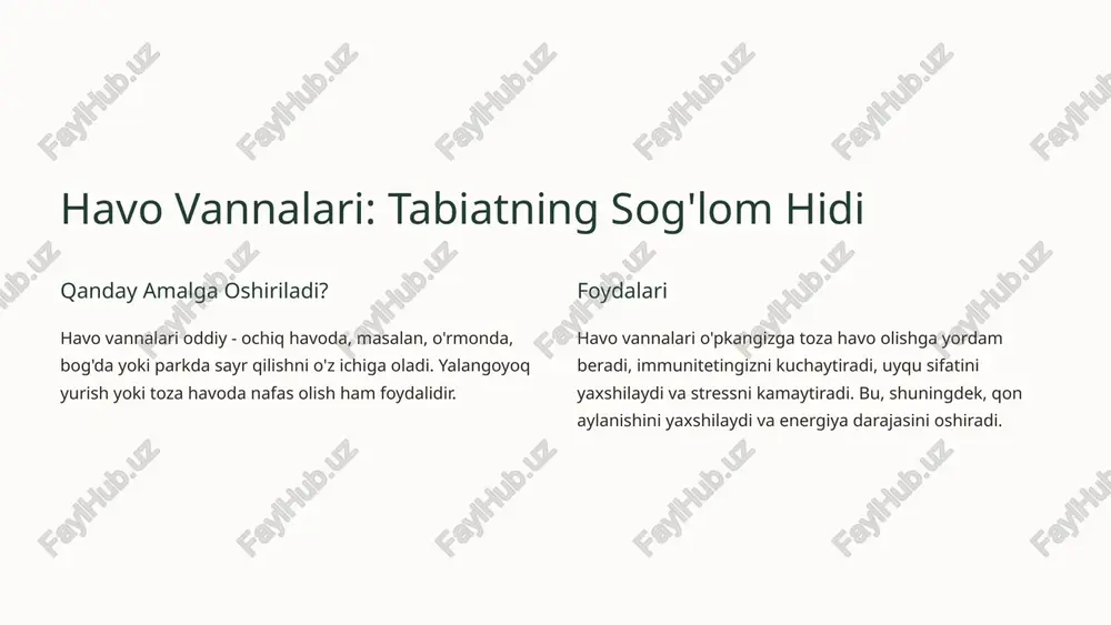gacha bo'lgan vaqt oralig'ida cheklangan bo'lishi kerak, chunki bu vaqtda quyosh nurlanishi eng kuchli bo'ladi. 10 xulosa va tavsiyalar: sog'lom turmush tarziga yul chiniqtirish - bu sizning umumiy sog'lig'ingiz va farovonlig'ingizni yaxshilashning ajoyib usuli. havo vannalari, suv tadbirlari va quyosh vannalari kabi tadbirlarni hayotingizga qo'shish sizning immunitetingizni kuchaytirishga, stressni kamaytirishga, uyqu sifatini yaxshilashga va umumiy turmush tarzingizni yaxshilashga yordam beradi. esingizda bo'lsin, har qanday yangi mashqlarga kirishdan oldin shifokor bilan maslahatlashing. 11 image1.png image2.png image3.png image4.png image5.png image6.png image7.png image8.png image9.png image10.png image11.png image12.png image13.png image14.png image15.png image16.png %k