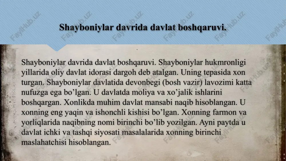 01) til(lar)i fors tili (saroy, ish yuritish, madaniyat va she'riyat tili) turkiy til (saroy, ish yuritish, she'riyat, harbiy ishlar va qo'shinlar tili) arab tili (din tili) boshqaruv shakli teokratik absolyut monarxiya shayboniylar ham movarounnahr aholisining aksariyati kabi islomning sunniy mazhabiga amal qilganlar. davlatda turli tariqatlar, xususan, yassaviya va naqshbandiya tariqati bilan bir qatorda so‘fiylik tarafdorlari ham ko‘p bo‘lgan. shayboniylar oʻzlarini „haqiqiy islom himoyachisi“ deb hisoblar va 1501-yilda qoʻshni safaviylar davlatida hukmron boʻlgan shialik diniga dushman edilar. diniy qarama-qarshiliklar tufayli shayboniylar va safaviylar davlatlari deyarli har doim bir-biri bilan adovat va raqobatda boʻlgan. 1510—1570-yillarda bu davlatlar va sulolalar oʻrtasida bir necha oʻnlab toʻqnashuv va janglar boʻlib oʻtgan. safaviylar shayboniylar hukmronligiga chek qoʻyib, movarounnahrda shia islomini oʻrnatishga harakat qilgan boʻlsalar, shayboniylar esa, aksincha, xurosonda sunniylikni saqlab qolishga harakat qilib, oʻzlarini himoya qilganlar. shayboniylar tashqi siyosati shayboniylarning asosiy geosiyosiy va diniy raqibi va dushmani shialik hukmronlik qilgan safaviylar davlati boʻlgan. har ikki davlatda …
