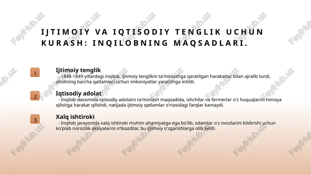 kengaytirdi. 1848-1849 yil inqilobida xalqaro kontekst va ichki siyosat. xalqaro kontekst 1848-1849 yillardagi inqiloblar, evropada liberalizatsiya va millatchilik to'lqinining bir qismi sifatida, keng tarqalgan xalqaro muammolar bilan bog'liq edi. ichki siyosat avstriyadagi ichki siyosiy muhit, absolutizmga qarshi kurash va demokratik talablardan iborat edi, bu esa inqilobiy harakatlarni kuchaytirdi. ta'sir va oqibatlar inqilob natijasida avstriyada siyosiy va ijtimoiy o'zgarishlar yuz berdi, bu esa xalqaro maydonda demokratik jarayonlarga ta'sir ko'rsatdi. avstriya inqilobining siyosiy o'zgarishlarga ta'siri: 1848-1849 yil voqealari. 1 inqilobiy harakatlar - 1848-1849 yillardagi inqilobiy harakatlar avstriya siyosatida muhim o'zgarishlar keltirdi, xalqning siyosiy ishtirokini oshirdi va yangi talablarga yo'l ochdi. 2 siyosiy islohotlar - inqilob davomida amalga oshirilgan siyosiy islohotlar, masalan, konstitutsiya loyihalari, avstriyada demokratik tuzilmalarni rivojlantirishga yordam berdi, lekin ularning natijasi cheklangan bo'ldi. 3 xalqaro ta'sir - avstriya inqilobi boshqa evropa davlatlariga ta'sir ko'rsatdi, ko'plab mamlakatlarda liberallar va millatchilar tomonidan o'zgarishlar talab qilindi, bu esa 1848 yildagi inqilobiy to'lqinlarni keltirib chiqardi. …