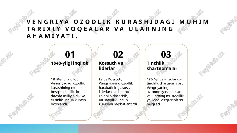 rorlarning ta'siri. 1 o'zlik va erkinlik o'zlik va erkinlik, vengriya tarixida mustaqillik harakatlarining asosiy sababi bo'lib, xalqning o'z taqdirini belgilashga bo'lgan intilishidir. 2 qarorlarning ta'siri qabul qilingan qarorlar, vengriya xalqining erkinlik uchun kurashiga kuch berib, milliy birlik va o'zligining mustahkamlanishiga olib keldi. 3 strategik ahamiyati mustaqillik yo'lidagi muhim qarorlar, xalqni birlashtirib, xalqaro miqyosda vengriya huquqlarini himoya qilish uchun zaruriy strategiyalar yaratdi. vengriya mustaqillik harakatidagi asosiy liderlar va ularning roli. 1 lajos kossuth lajos kossuth vengriya ozodlik harakatining rahbari bo'lib, 1848-yilgi inqilobda muhim rol o'ynagan. u xalqni mustaqillik uchun birlashtirdi. 2 sándor petőfi sándor petőfi mashhur shoir va inqilobchi sifatida tanilgan. uning she'rlari vengriya ozodlik kurashiga ilhom berib, xalq ruhini ko'tardi. 3 jános károlyi jános károlyi 1848-yilgi inqilobda muhim liderlardan biri bo'lib, yangi hukumatning tashkil etilishida muhim rol o'ynadi. u demokratiya tarafdori edi. 1848-yilgi inqilob: vengriya ozodlik kurashining boshlanishi. 01 1848-yil inqilobi 1848-yilgi inqilob vengriya ozodlik kurashining dastlabki bosqichi bo'lib, xalqning …