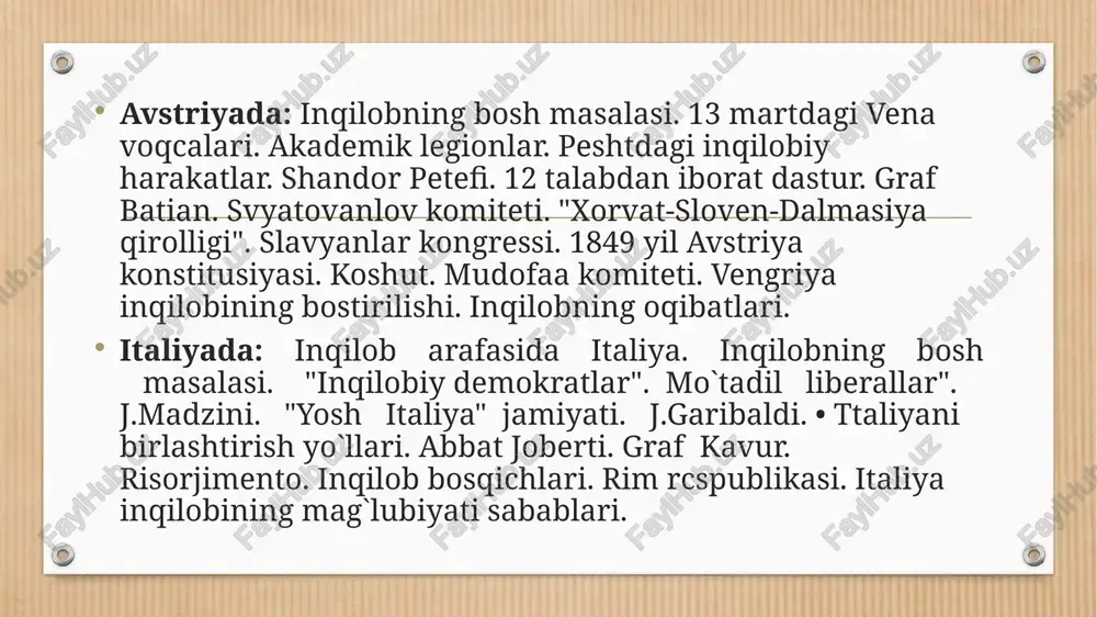 n orleanskiylar sulolasi bilan almashtirishga barakat qila bosbladilar. mamlakatda respublika tarafdorlari ham ancha faollashdi. 15-may kuni 100 mingdan ziyodroq parij aholisi namoyish uyushtirdi. ular ishsizlikni tugatish, ruan ishchilarini qonga botirgan aybdorlami jazolash , tashqi siyosatga polsha mustaqilligini ta`minlash uchun qo`shin yuborishni talab qildilar. lyukscmburg komissiyasi va milliy uslaxonalarni yopilganligi haqida hukumat qarori chiqdi. milliy ustaxonalarda band, 18 yoshdan 25 yoshgacha bo`lgan ishchilar armiyaga safarbar etildi. qoiganlari provinsiyalarda botqoqlarni quritish, o`rmonlarda kesilgan daraxt to`nkalarini tozalash va boshqa shu kabi ishlarga jalb qilindi. bunga javoban 23 iyunda parijda qo`zg`olon ko`tarildi. qo`zg`olonchilarga qarshi 80 ming kishilik doimiy armiya va boshqa yordamchi kuchlardan iborat general kavenyakning umumiy qo`mondonligidagi qo`shin tashlandi. qo`zg`olonni bostirish va undan keyingi vaqt davomida 11 mingdan ziyod qo`zg`olonchilar qirib tasylandi, 3,5 ming kishi esa surgun qilindi. 1848 yil noyabrda konstitutsiya qabul qilindi. unga ko`ra mamlakatda qirol ega bo`lgan barcha huquqlar bilan prezident lavozimi joriy qilindi. prezident umumiy saylov yo`li bilan 4 …