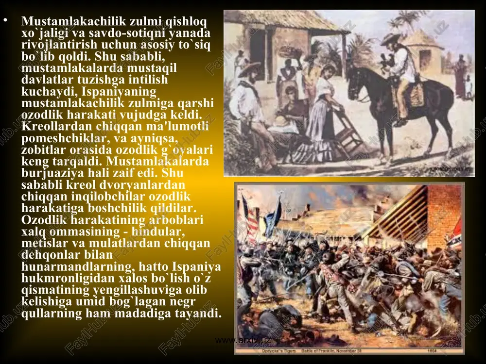 olib borgan muvaffaqiyatli janglari uchun general unvoni va «xaloskor» degan faxriy nom oldi. bolivar faqat zamindor kreollargagina tayanib qolmay, qora tanlilar bilan hindularni ham kurashga otlantirdi. www.arxiv.uz www.arxiv.uz qullik bekor etilganini e'lon qildi va shu tariqa qora tanli qullarning bir qismini o`z qo`shiniga jalb etdi. hindu dehqonlarga esa urush tamom bo`lishi bilanoq ular o`z yerlariga ega boiishiga va'da qildi. bolivar yevropaning ilg`or jamoatchiligiga murojaat etib yordam so`raganida, uning da'vatiga ko`plab ko`ngillilar javob berib, asoratga soluvchi mustamlakachilarga qarshi kurashayotgan lotin amerikasi xalqlariga yordam berishga qaror qildilar. irlandiyaliklar, inglizlar, nemislar, italyanlar, polyaklar, ruslar venesuelaga keldilar. 1819- yil boshlarida venesuela mustaqil deb e'lon qilindi. o`sha yilning o`zida bolivar venesueladan and tog`ining qorli cho`qqilari orqali o`tib, yangi granadaning ispanlardan ozod bo`lishiga yordam berishga qaror qildi. mashaqqatli and tog`i yo`llaridan mardonavor o`tildi. bolivar qo`mondonligidagi qo`shin ispan qo`shinlari ustidan g`alaba qozondi. yangi granada venesuela bilan birlashdi va bolivar birlashgan respublika - buyuk kolumbiya prezidenti lavozimini egalladi. …