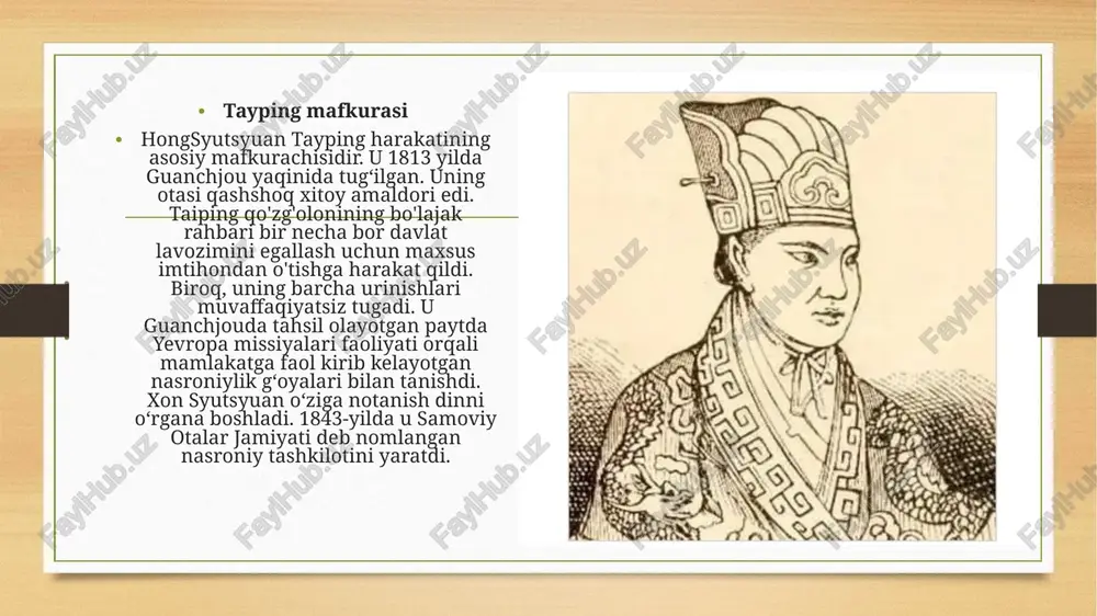 64 yillarni qamrab oladi. bu g‘arbiy yevropa davlatlarining xitoyga ochiq harbiy aralashuvi va xon syuquanning o‘z joniga qasd qilishi bilan belgilandi. urushning birinchi bosqichi 1851 yildataypinglar guangsi shimoliga ko'chib o'tdi. bu yerda ular yong'an shahrini egallab, o'z hukumatini o'rnatdilar. yang xiuqing yangi davlat rahbari bo'ldi. u "sharqiy shahzoda" deb nomlangan eng yuqori lavozimni oldi (u "xudoning xabarchisi" unvonini ham oldi) va armiya boshqaruvi va rahbariyatini o'z qo'liga jamladi. bundan tashqari, taypin davlati (g'arbiy - syao chaogui, shimoliy - vey chanxuy va janubiy - feng yunshan) va ularning yordamchisi shi dakai boshchiligida yana 3 knyaz turgan. 1852-yil dekabrda tayping armiyasi yangtszi daryosi boʻylab mamlakat sharqiga qarab harakatlandi. 1853 yil yanvarda ular strategik muhim mintaqani - vuxan, xanyang va xankou kabi shaharlarni o'z ichiga olgan uxan trisitesini egallashga muvaffaq bo'lishdi. taypin armiyasining harbiy muvaffaqiyatlari mahalliy aholi orasida xun xiuquan g'oyalarining mashhurligini oshirishga yordam berdi, shuning uchun qo'zg'olonchilar safi doimiy ravishda to'ldirilib borildi. …