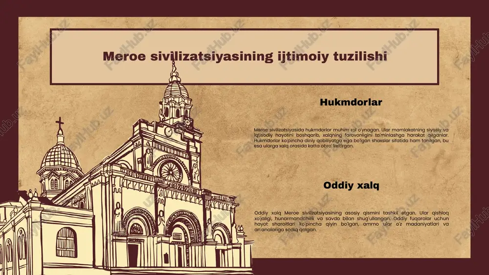 rga ega. ma'badlarning ichki qismlari an'anaviy misr uslubida bezatilgan bo'lib, ular meroe madaniyatining diniy hayotini aks ettiradi. meroe madaniyatidagi diniy ta'sirlar meroe madaniyatida mavjud bo'lgan dinlar, xususan, nubiya dinlari va misr dinlarining ta'siri, meroe jamiyatining ijtimoiy va madaniy hayotida muhim o'rin tutgan. meroe aholisining diniy amaliyotlari ularning kundalik hayotiga, urf-odatlariga va an'analariga qattiq bog'liq edi. diniy marosimlar va ritualar meroe san'atiga katta ta'sir ko'rsatgan. bu marosimlar, jumladan, qurbongohlar va ibodatxonalar qurilishi, san'atkorlar tomonidan yaratilgan asarlarda aks etgan, bu esa diniy ta'limotlar va e'tiqodlarni yanada kengaytirdi. meroe madaniyatida diniy ramzlar va belgilar muhim ahamiyatga ega bo'lgan. bu ramzlar, masalan, quyosh va oy ramzlari, meroe aholisining e'tiqodlarini ifodalovchi belgilar sifatida ishlatilgan va ularning diniy hayotidagi ahamiyatini ko'rsatadi. meroe madaniyatining zamonaviy ta'siri zamonaviy san'at va arxitektura meroe madaniyatining zamonaviy ta'siri, o'zining noyob arxitekturasi va san'at asarlari orqali dunyo san'atiga katta ta'sir ko'rsatmoqda. bugungi kunda ko'plab zamonaviy san'atkorlar va arxitektorlar meroe uslubidan ilhomlanib, o'z …