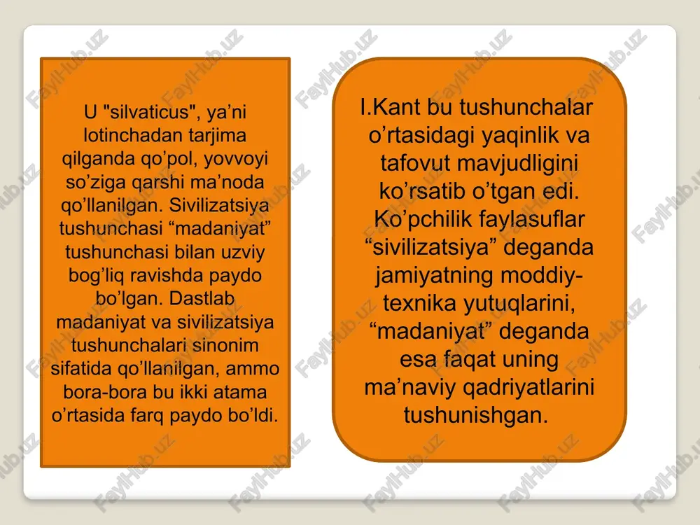 gan. 8 1877 yilda amerikalik tarixchi va etnograf l.morgan (1818-1881 yy) o’zining “qadimgi jamiyat” kitobida sivilizatsiya atamasini yagona madaniy-tarixiy jarayonning ma’lum darajasini belgilash uchun qo’llashni taklif etdi. morgan sistemasi: ibtidoiy jamiyat taraqqiyoti yovvoyilik, varvarlik va sivilizatsiya bosqichlari. n.ya.danilyevskiy (1822-1885) -diniy, madaniy, siyosiy, ijtimoiy-iqtisodiy asoslar arnold toynbi (1889-1975) “tarixni anglash” asari din har qanday sivilizatsiyaning o’zagi va tayanchidir. 21, keyinchalik 37 ta sivilizatsini sanab o’tadi. mark blok (1886-1944) va lyusyen fevr (1878-1956) -taraqqiyotning asosini mentalitet tashkil qiladi. uolt rostou -taraqqiyotida texnik-iqtisodiy ko’rsatgichlar hal qiluvchi rol o’ynaydi. sivilizatsiyali hayot insonni madaniyatli qiladi va uning har tomonlama kamol topishi uchun shart-sharoit yaratadi. sivilizatsiya kategoriyasining serqirraligi va ko’p serma’noligi tufayli unga aniq ta’rif berish mushkul. “sivilizatsiya” ning yuzdan ortiq ta’riflari mavjud bo’lib, har bir o’ziga xos ta’rifida ijtimoiy hayotning ma’lum tomonlari, jihatlariga alohida urg’u beriladiki, bu umuman sivilizatsiyaning ijtimoiy hodisa sifatidagi mohiyatini to’laroq anglab etishga xizmat qiladi. ijtimoiy ong fan, madaniyat, maorif, axloqiy qarashlar, …