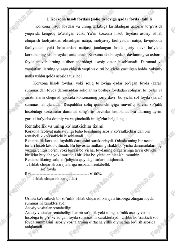 rentabellik sotilgan mahsulotlarning foydalik darajasini xarakterlaydi. ushbu ko’rsatkich sotishdan olingan yalpi foyda summasini mahsulotlarni sotishdan olingan tushumga bo’lish asosida aniqlanadi. ya’ni sotishdan olingan foyda r=---------------------------------------------------------------x100% sotishdan olingan tushum summasi 4. oborot aktivlar rentabelligi. ushbu ko’rsatkich oborot aktivlarning har bir sumiga to’g’ri keladigan foyda, sof foyda summasini xarakterlaydi. oborot aktivlar rentabelligi olingan sof foyda summasini oborot aktivlarning o’rtacha yillik qiymatiga bo’lish asosida aniqlanadi. sof foyda r=-------------------------------------------------------------x100% oborot aktivlar o’rtacha yillik qiymati 5. jami mulk rentabelligi. ushbu ko’rsatkich korxona mulkining foydalilik darajasini xarakterlovchi asosiy ko’rsatkich hisoblanadi. bu ko’rsatkich har bir so’mlik mulkka to’g’ri keladigan sof foyda summasini ifodalaydi. sof foyda r=-----------------------------------------------------------x100% korxona mulki jami 6. o’z mablag’alari rentabelligi. ushbu ko’rsatkich korxonaning o’ziga tegishli bo’lgan mablag’larning foydalilik darajasini xarakterlaydi. korxona sof foydasini uning o’zlik mablag’lari manbaiga bo’lish asosida o’zlik kapitalining foydalilik darajasi o’rganiladi. sof foyda r=-----------------------------------------------------------x100 % korxona uzlik mablaglari 7. qarz mablag’lari rentabelligi. ushbu ko’rsatkich korxona sof foydasini qarzga olingan mablag’lariga nisbati …