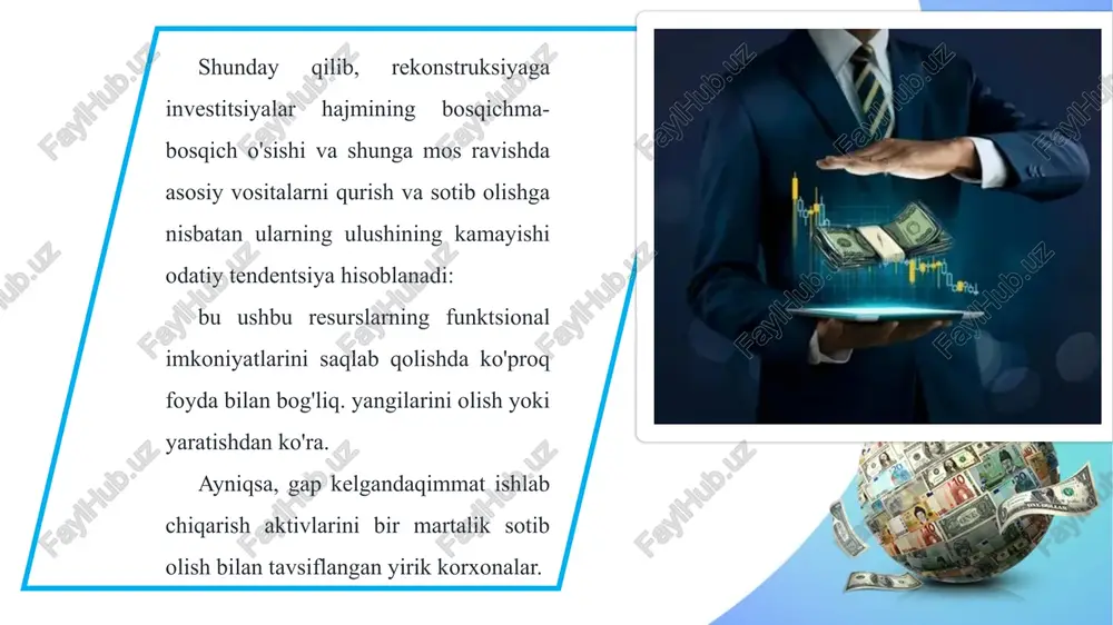 hajmdagi tovarlar yoki texnologik jihatdan ilg'or mahsulotlarni ishlab chiqarish qobiliyati. find more powerpoint templates on prezentr.com! yana bir savol - bu xarajatlarni kamaytirish bilan birga keladimi. gap shundaki, xarajatlarni kamaytirish har doim ham kompaniya rahbariyatining asosiy vositalarni yangilash bo'yicha ustuvor yo'nalishlariga bog'liq emas. ushbu faoliyat yo‘nalishi doirasida korxonada mehnat unumdorligi, resurs va yoqilg‘i tejash darajasi, logistika samaradorligi, mavjud infratuzilmaning ishlab chiqarish qobiliyati kabi ko‘rsatkichlar muhim ahamiyatga ega. find more powerpoint templates on prezentr.com! kapital qo'yilmalar har doim ham tegishli ko'rsatkichlar bilan bevosita bog'liq emas. shuning uchun kapital qo'yilmalarning iqtisodiy samaradorligi biznesning rivojlanishi uchun ko'plab shartlar tegishli investitsiyalar hajmi va intensivligiga bog'liq emasligini hisobga olgan holda baholanishi kerak. biroq, kompaniya rahbariyati asosiy fondlarga eng muvozanatli investitsiya modelini yaratish istagini e'tiborsiz qoldirmasligi kerak. ushbu muammoni hal qilishning asosiy mezonlarini ko'rib chiqing find more powerpoint templates on prezentr.com! mutaxassislar quyidagi mezonlar roʻyxatini aniqlaydilar: samarali investitsiya rejalashtirish; asosiy vositalarni qurish va rekonstruksiya qilish boʻyicha …