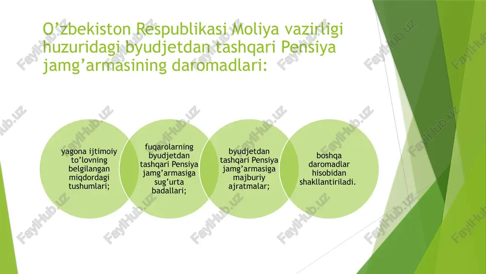 oblanishini, shuningdek jamg’arma bilan o’zaro hisob-kitoblarning holati tekshirilishini; 2010-2015 yillardagi pensiya jamg’armasining daromadlari (mlrd.so’mda) ko’rsatkichlar 2015 2016 2017 2018 2019 2020 2015 yilga nibatan % da daromadlari 5073,7 6143,9 7785,3 9699,9 13013,7 16557,0 326,3 shu jumladan: yagona ijtimoiy to’lovdan ajratmalar 3321,4 3903,4 4799,2 5907,4 7299,5 8324,2 250,6 budjetdan tashqari pensiya jamg’armasi xarajatlarining asosiy yo’nalishlari xarajatlar: 1 fuqarolarga ijtimoiy ta’minot organlari tomonidan tayinlandigan pensiyalar 2 bolalikdan nogironlarga, davlat pensiya ta’minoti huquqiga ega bo’lmagan keksa va mehnatga layoqatsiz fuqarolarga nafaqalar 3 korxona tugatilganda, mehnat vazifalarini bajarish bilan bog’liq holda mayib bo’lgan, kasb kasalligiga uchragan yoki sog’lig’iga boshqacha shikast etkazilgan xodimga zararni qoplash uchun to’lanadigan to’lovlar 4 bola tug’ilganda beriladigan nafaqalar 5 dafn marosimi nafaqalari 6 voyaga etmagan nogiron bolaning ota-onalariga qo’shimcha to’lov 7 qonun hujjatlariga muvofiq pensiya jamg’armasidan mablag’ bilan ta’minlanadigan boshqa ijtimoiy to’lovlar 2015-2020 yillardagi pensiya jamg’armasining xarajatlari (mlrd.so’mda) ko’rsatkichlar 2015 2016 2017 2018 2019 2020 jami xarajatlari 5326,0 6144,4 8065,4 …