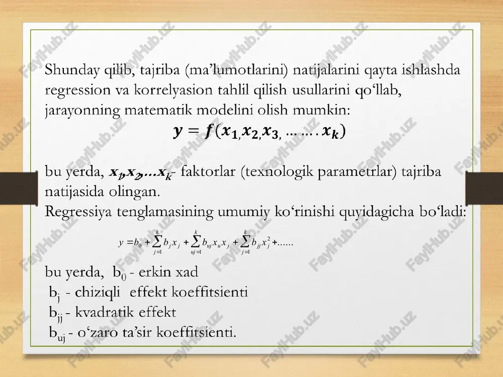 atik modelini olish mumkin: y = f (x4,%2x3 .. xk) bu yerda, x,x,..-x,- faktorlar (texnologik parametrlar) tajriba natijasida olingan. regressiya tenglamasining umumiy ko‘rinishi quyidagicha bo‘ladi: bu yerda, by- erkin xad b; - chiziqh effekt koeffitsienti bi. - kwadratik effekt b..- o‘zaro ta’sit koeffitsienti. i) å = = - = n i xi ei y y f 1 2 min ) ( [ ] å = ® - = n i i i e b b b x f y b b b f 1 2 2 1 0 2 1 0 min ...) , , , ( ...) , , ( ¶ ¶ ¶ ¶ ¶ ¶ f b f b f b 0 1 2 0 0 0 = = = ; ; /docprops/thumbnail.jpeg ‘regressiva tenglamaning paramewlarni | baholarining xususiyadari ee spiel pot |