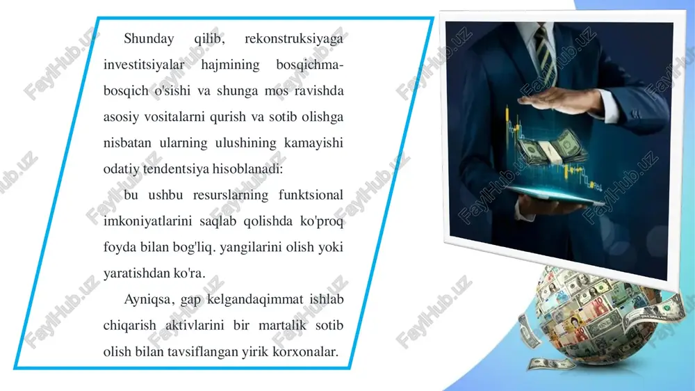 'rsatkichlar bilan ham kuzatish mumkin f in d m o re p o w e rp o in t te m p la te s o n p re z e n tr .c o m ! barcha hollarda asosiy kapitalga investitsiya kiritishning bevosita natijasi korxona ishlab chiqarish quvvatlarining oshishi yoki ularning sifat jihatdan o’zgarishi hisoblanadi. bu kompaniya oladi degan ma'noni anglatadikatta hajmdagi tovarlar yoki texnologik jihatdan ilg'or mahsulotlarni ishlab chiqarish qobiliyati. f in d m o re p o w e rp o in t te m p la te s o n p re z e n tr .c o m ! yana bir savol - bu xarajatlarni kamaytirish bilan birga keladimi. gap shundaki, xarajatlarni kamaytirish har doim ham kompaniya rahbariyatining asosiy vositalarni yangilash bo'yicha ustuvor yo'nalishlariga bog'liq emas. ushbu faoliyat yo‘nalishi doirasida korxonada mehnat unumdorligi, resurs va yoqilg‘i tejash darajasi, logistika samaradorligi, mavjud infratuzilmaning ishlab chiqarish qobiliyati …