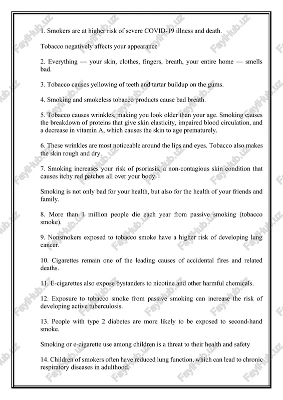 quid. 16. there have been reports of injuries, including burns, from e-cigarettes catching fire and exploding. 17. school-age children exposed to second-hand smoke are at increased risk of developing asthma due to inflammation of the airways. 18. children under 2 years of age exposed to secondhand smoke in the home can develop middle ear inflammation, which can lead to hearing loss and deafness. 19. quitting smoking reduces the risk of many diseases associated with secondhand smoke in children, such as respiratory diseases (asthma) and otitis media. smoking has negative social consequences 20. you want to be a good role model for your children, friends, and loved ones. 21. smoking can negatively affect social interactions and relationships. 22. quitting smoking means that there are no restrictions for a person — you don’t have to go outside or go outside to smoke, and you can be free in public places. 23. quitting …