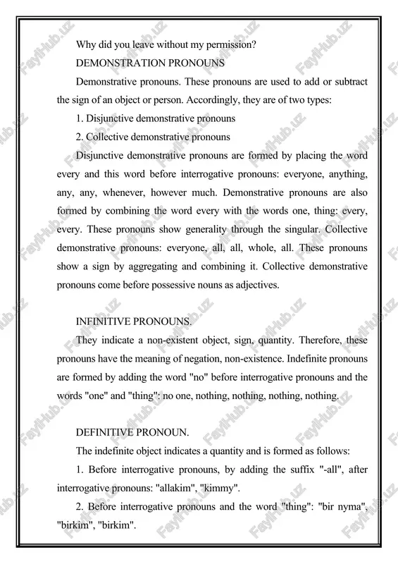 un or adjective. from the above, it is clear that pronouns, as a permanent alternative to independent words, are of great importance in ensuring the conciseness and brevity of speech. pronouns are characterized by the following features: 1. pronouns, unlike other categories, do not have a word-formation system. that is, pronouns cannot be formed from other words. pronouns can be used to form a number of words through affixes: arrogance, self-importance, feeling, so. also, pronouns move to another category by combining with some words: where, a little, as if. 3. pronouns accept modifiers that are specific to nouns: who, to us, from no one. some pronouns are used with modifying suffixes 5. the pronouns how, how much express a question about the sign of a thing or action and have the following characteristics: 1) they come before an adjective and indicate the sign of the sign. usually, this use is …