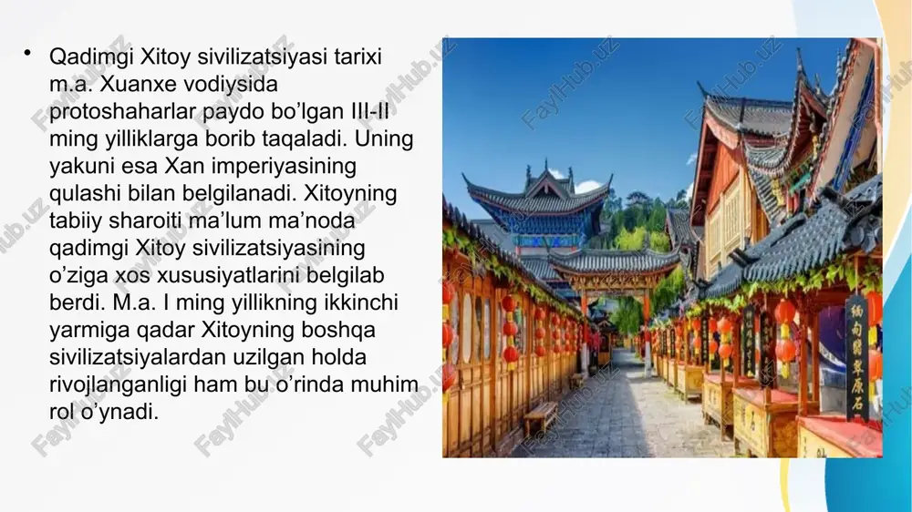 ning paydo bo’lishi bu transformatsiya natijasidir deb tushuntiradi. tabiat kuchlari va ulardan odamlarni qutqargan qahramonlar to’g’risida afsonalar ko’pchilikni tashkil qiladi. toshqin va qurg’oqchilik hodisalari afsonalarda ko’p tilga olinadi. ii-iii asrlarda xitoyga budda dini kirib keldi. afsonalarga ko’ra, birinchi budda sutralari (matn yoki qoida) xitoyga oq otda olib kelingan: bunga xotira sifatida loyan shahri yonida budda «oq ot ibodatxonasi» qurilgan va hozirgacha saqlanib qolgan. xitoyda suratlarni tarjima qilish va budda dinini tarqalishi iv-vi asrlarga tegishlidir. qadimgi xitoy yozuvi qadimgi xitoy ko’hna misr va mesopotamiya singari o’z yozuvi va adabiyotiga ega bo’lgan. qadimgi xitoyliklar hozirgi kunimizdan 3,5-4 ming yil ilgari o’zlarining yozuvlarini yaratganlar. ularning yozuvi ham misrliklarniki singari rasm-belgilardan-iyerogliflardan iborat bo’lgan.bir kichik shoxcha belgisi ,,daraxt’’, ikkitasi ,,o’rmon’’, uchtasi esa ,,chakalakzor’’ ka’bi ma’nolarni bildirgan. qadimgi xitoy yozuvi xitoyda dastlabki yozuv mil.avv.2-mingyillikda kashf etilgan. bu shan-in davlati davriga to’g’ri keladi. o’shanda yozuvlar soni 2000 ga yaqin bo’lgan. xan davrida esa iyeroglifning soni 18000 ga …