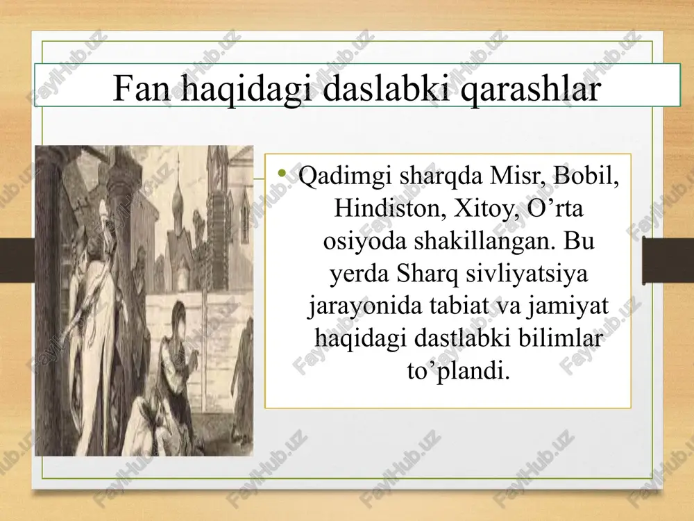 yraklashuvidan barcha narsalar yuzaga keladi. pifagorchilar milet maktabi faylasuflarining g’oyalariga qarshi chiqdilar. milet maktab namayondallari dunyoning asosini suv, havo, cheksizlik singari moddiy elementlarni qo’ygan bo’lsa, pifagor va uning shogirdlari butun borliq asosini sezish mumkin bo’lmagan mavhum raqam sonini qo’yganlar. pifagor (er. avv 580-500 yy.) materializmini keskin rad etgan. foydalanilgan adabiyotlar. 1. arxeologlar hikoya qiladi. to’plam. toshkent, 1974. 2. arsixovskiy a. arxeologiya asoslari. toshkent, 1970. 3. askarov a, albaum l.poseleniye kuchuktepa. tashkent, 1970. 4. borisovskiy a.i. drevneysheye proshloye chelovechestva. moskva. nauka, 1980. 5. kabirov j, sagdullayev a.o’rta osiyo arxeologiyasi. toshkent, 1990. 6. muhammadjonov a. qadimgi buxoro. toshkent, 1991. 7. okladnikov a.p. paleolit i mezolit sredney azii. vkn. srednyaya aziya v epoxu kamnya i bronzi. m. - l., 1966. 8. tolstov s.p. qadimgi xorazm madaniyatini izlab. toshkent, 1964. 9. taylor e.b. pervobitnaya kul’tura. per. s angl. d. a. koropchevskogo.m., 1989. 10. cheboksarov n.n., cheboksarova i.a. narodi, rasi, kulturii. m.: nauka, 1985. 11.o’zbekiston …