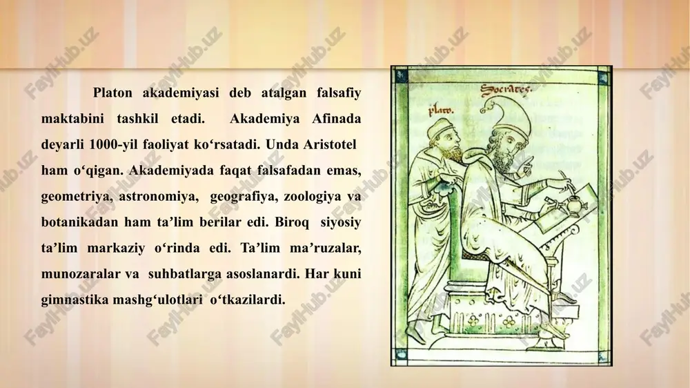 ustidan yaroqsiz hokimiyatni oʻrnatib qoʻyadigan boʻlsa, u holda qonun hech qanday foyda bermaydi, aksincha, davlat uchun juda katta zarar keltiradi, deb taʼkidlaydi. uning fikricha, iqtisodiyot polis (davlat)ning gullab yash-nashi yoki tanazzuli omili hisoblanadi. aflotun siyosatni emas, siyosat ishlab chiqarishni bo-shqarishi kerak. jamiyatni barqaror holatdan chiqaradigan har qanday oʻzgarishlarga yoʻl qoʻyilmasligi zarur. p.ning estetik qarashlarida borliq, hayot "abadiy gʻoyalarning taqlidi, nusxasi; sanʼat esa borliq, hayotning taqlidi, yaʼni taklidga taqlid, degan xulosaga asoslangan. 9 u xudolarga boʻlgan eʼtiqodni qoʻllab-quvvatlagan, xudosizlikni qoralagan, davlatni boshqaruvchilar xudojoʻy boʻlishlari kerak, deb hisoblagan.platon soliqlar haqida – hashamatli hayot tarzi rivojlanishi mulkdorlar sinfi paydo bo‘lishi davrida-pulga extiyoj bor yoshlarni pul beruvchilarga qaram bo‘lishiga olib keladi, boylarning tezroq kambag‘allashuvi-hasadni keltirib chiqaradi, imkoniyati cheklanganlarning boylarga nafrati va g‘arazli harakatlari-davlatning izdan chiqarishdir, boylarning imkoniyati pastlarga nisbatan hukmronligidir. 10 platon falsafasining asosiy mohiyati — „gʻoya― („eydos―)lar haqidagi taʼlimotida bayon etilgan. uning fikricha, gʻoya haqiqiy borliq, biz biladigan va yashaydigan dunyo uning soyasidir. …