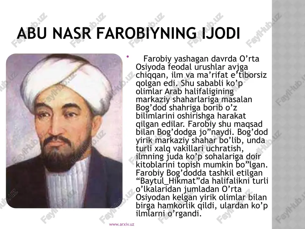aholatga undovchilarning fikriga qoʻshilmadi. www.arxiv.uz abu nasr farobiyning musiqaga qo’shgan hissasi farobiy musiqani inson tarbiyasiga taʼsir qiluvchi omillardan biri deb billi. u musiqani insonga nafosat, estetik zavq bagʻishlovchi, histuygʻulari va axloqini tarbiyalovchi muhim vosita, deb hisoblaydi. mutafakkir "musiqa haqida katta kitob" nomli koʻp jildli asarida musiqa nazariyasi va tarixi, turli musiqa asboblari, kuylar va ularning ichki tuzilishi, tovushlar, ritmlar, ohanglar haqida maʼlumot berdi; ilmi iyqo, ilmi taʼlif fanlariga asos soldi. www.arxiv.uz abu nasr farobiy aytgan: kikmki hikmat ilmiga kirishmoqchi bo’lsa, u, avvalo… har tomnlama odob ilmini o”rgangan odan bo”lishi kerak. avvalo unday kishi qur’on, til va qonunshunoslik ilmini egallashi kerak. unday kishi odamlarga mehribon, pokiza, to’g’ri so’z bo’lishi kerak. kishi ilmini kasb, hunar qilib olmasligi va inu mol-dunyo topish vositasiga aylantirmasligi kerak. bordi-yu, axloqi hozir biz aytgan gaplarga teskari bo’lgan kishilar topilguy bo’lsa, undaylar hech qachon hakimlar jumlasiga kirmaydilar… darxtning kamolga yetgani mevasidan bilingaidek, baxt-saodat yaxshi xulqlar bilan mukammal bo’ladi. …