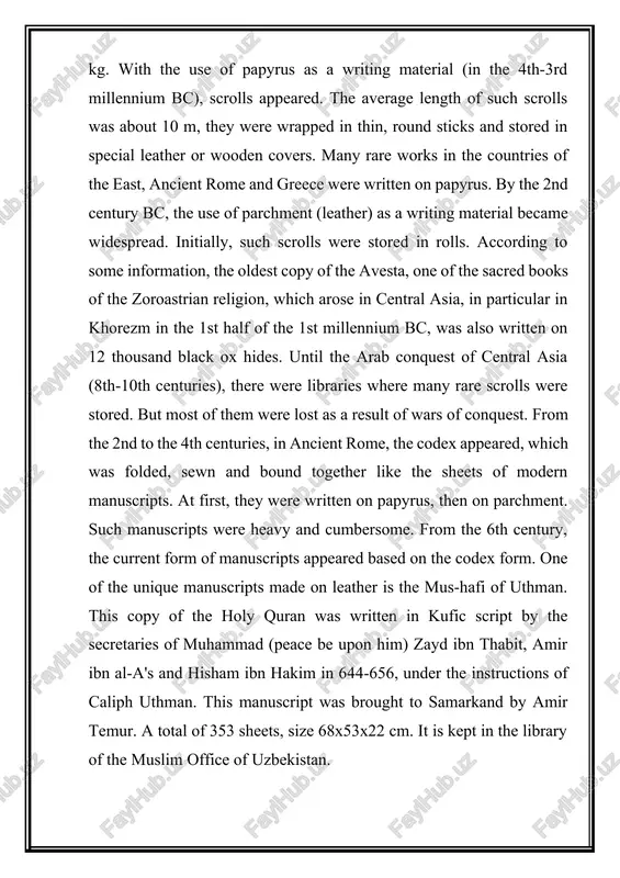 e used on its pages and decorations on its borders. gradually, such professions as calligraphy and bookbinding emerged. the art of calligraphy was especially widespread in central asia in the middle ages. many generations of famous calligraphers improved the method of making calligraphy - materials, ink, and letter copying techniques. the art of bookbinding, which had formed as a specific branch in transoxiana in the 10th-12th centuries, reached a new stage of development in the 14th-15th centuries. each manuscript, from its paper to its cover, from its ink to its paints and gilding, was prepared on the basis of a certain standard of materials, plans and rules, and sometimes rose or anbar was added to the ink to give it a fragrant aroma. manuscripts were artistically decorated with elegant calligraphy, zarafshon (sprinkling gold water), and water paints, creating elegant patterns on the borders. in the 15th-16th centuries, a number of …