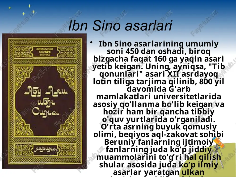 ur "tib qonunlari" va "ash-shifo" asarlari uchun zarur ma`lumotlar to`plagan. 1037 yilda 57 yoshda vafot etgan vatandoshimiz hamadon shahriga dafn etilgan. image4.jpeg image5.jpeg image6.jpeg image7.jpeg image8.jpeg image9.jpeg image10.png image11.png image1.png qo = o |= wi) > =|§ =/|= s/s =| = = hh wo) 5 xzi~ /docprops/thumbnail.jpeg ‘mavzuida ilmiy maqola tayyorlash. reja ibn sino asartari kashfiyotlar silsilasi tib itmining sarvari. &