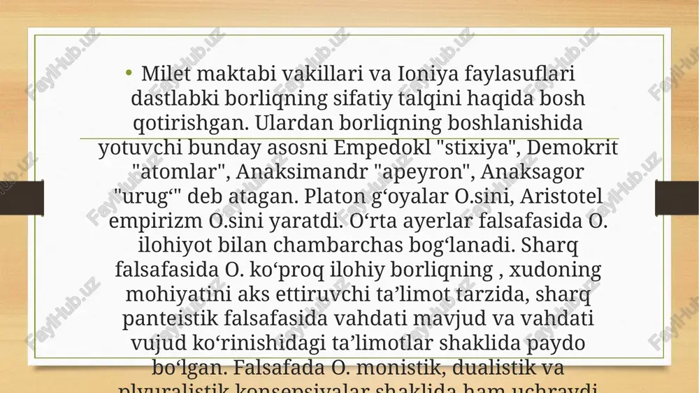 htiylik ta’limotida borliq quyosh va olovning hosilasidir, alangalanib turgan olov borliqning asosiy mohiyatini tashkil etadi, deb hisoblangan. chunki bu g’oya bo’yicha, har qanday o’zgarish va harakatning asosida olov yotadi va u borliqqa mavjudlik baxsh etadi. qadimgi yunon faylasufi suqrot borliqni bilim bilan qiyoslaydi va uningcha, biror narsa, biz uni bilsakkina bor bo’ladi, insonning bilimi qancha keng bo’lsa, u shuncha keng borliqni qamrab oladi, deb hisoblaydi. qadimgi dunyoning atomist olimi demokrit borliq atomlar majmuasidan iborat deb tushuntirgan. uning fikricha, borliqning mohiyati uning mavjudligidadir. mavjud bo’lmagan narsa yo’qlikdir. islom ta’limotida esa borliq bu ilohiy voqelikdir. ya’ni u olloh yaratgan mavjudlikdir. bu borada vahdati vujud va vahdati mavjud ta’limotlari bo’lgan. borliq o’ziga ob’ektiv va sub’ektiv reallikni, mavjud bo’lgan va mavjud bo’ladigan olamlarni, moddiylik va ma’naviylikni, o’tmish va kelajakni, o’limni va hayotni, ruh va jismni qamrab oluvchi umumiy tushunchadir. borliq va mavjudlik. atrofimizdagi odam, olam, tabiat, jamiyat, tafakkur, g’oyalar, o’y-xayollarimiz barchasi birday mavjuddir, ular …
