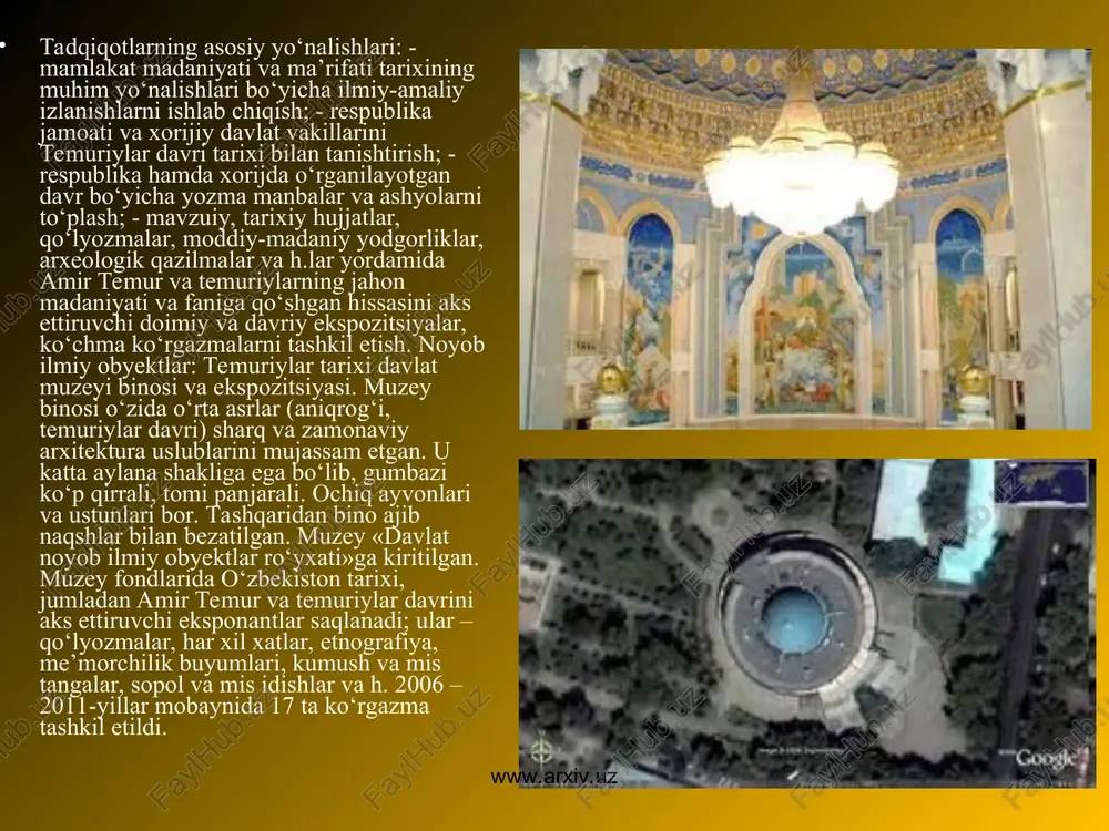 n. mana shu yozuvlar asosida muzeyda “imzolar” ko‘rgazmasi tashkil etilgan. muzey tashkil etilganida uning fondlarida 600 ta predmet bor edi. hozirgi kunda muzey ekspozitsiyalarining o‘zi 2000 dan ortiq eksponatni tashkil etadi. muzey ochilganidan beri uning eksponantlarini 1 6500 00 dan ortiq odam tomosha qilishga muvaffaq bo‘lgan. mana shu yillar mobaynida muzeyga turli mamlakatlarning 680 ta rasmiy delegatsiyalari tashrif buyurishgan. fundamental tadqiqotlarning eng muhim natijalari: 2007-yilda “temuriylar davri renessansi” fundamental loyihasi bo‘yicha ish yakunlandi. mazkur loyiha natijalari monografiya shaklida nashrga tayyorlandi. uning natijalari shuningdek “amir temur va temuriylar davri: yangi tadqiqotlar” (2004-y.), “temuriylar davlati va rennesans” (2006-y.) mavzularidagi respublika ilmiy konferensiyalari materiallari, 30 dan ziyod ilmiy maqolalar, «amir temur – klavixo - samarqand» bukletida aks etgan va “temuriylar davri tarixi davlat muzeyi” multimediasida ilmiy muomalaga kiritilgan. www.arxiv.uz www.arxiv.uz «temuriylar davri madaniyati yodgorliklari» (toshkent: o‘zmu tarix fakulteti minitipografiyasi, 2003-y., shartli nashr l.6,75), “amir temur va temuriylar davri: yangi tadqiqotlar” (toshkent: «fan va …