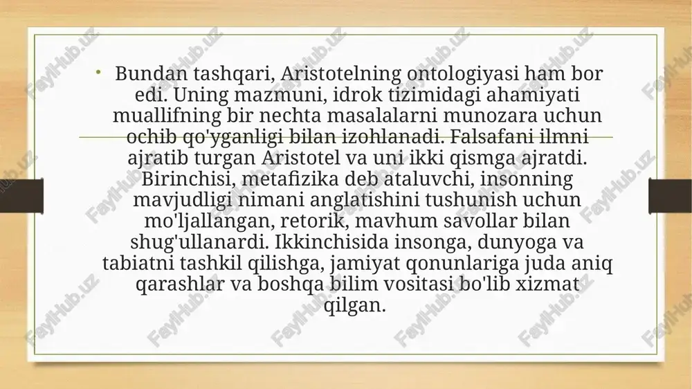 rtibni saqlash, boshqalarni boshqarish va hokazolarga xos xususiyatlar mavjud. ideal holda har bir kishi o'z o'rnida va idil hukmronlik qiladi. epistemologiya bu falsafaning bilim nazariyasi, uni tanqid qilish, rivojlantirish va isbotlash bilan shug'ullanadigan qismidir. falsafiy bilimlarni real hayotda qo'llash mumkinmi yoki faqat xulosalar bo'lib qoladimi-yo'qligini tahlil qiladigan ushbu fan. bilimning manbai, o'zingiz bilganingizdek, tajriba. tadqiqotchining o'zi his qilgan bilimlari alohida ahamiyatga ega. o'sha paytda bilish muammosi faylasuflarga yaqin edi va chetda qolmasdan, ontologiyaga bilim olish jarayonini tushunishni o'z ichiga olgan aristotel o'z nazariyasini ishlab chiqdi. farobiy (taxallusi; to'liq ismi abu nasr muhammad ibn muhammad ibn uzlug' tarxon forobiy) (873—950) o'rta osiyoning ulug' mutafakkiri va qomusiy olimi forobiy yunon falsafasini chuqur bilgani, unga sharhlar bitganligi va jahonga targ'ib qilgani hamda zamonasining ilmlarini puxta o'zlashtirib, fanlar rivojiga ulkan hissa qo'shgani uchun "al-muallim as-soniy" ("ikkinchi muallim", aristoteldan keyin), "sharq arastusi" nomlariga sazovor bo'ldi. forobiy sirdaryo sohilidagi forob (o'tror) degan shaharda turkiy qabilaga mansub …
