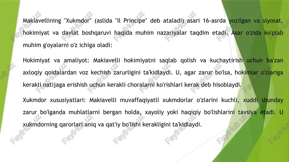 tlar doimo o'zgarib turishini va hokimiyatni saqlab qolish uchun moslashuvchan bo'lish zarurligini ta'kidlaydi. ahlakiy masalalar: makiavelli, siyosat va ahloq o'rtasidagi munosabatni chuqur o'rganadi, hukmdorlarning harakatlari ko'pincha ahloqiy qoidalarga zid bo'lishi mumkinligini tan oladi. makiavelliyning "xukmdor" (original nomi "il principe") asari 1513 yilda yozilgan bo'lib, u siyosat va hokimiyatga oid ko'plab qimmatli fikrlarni o'z ichiga oladi. asar, asosan, qanday qilib biror hukmdor hokimiyatni saqlab qolishi va uni kuchaytirishi kerakligi haqida maslahatlar beradi. makiavelli, o'z fikrlarini misollar bilan boyitgan holda, hukmdorlar uchun quyidagi asosiy g'oyalarni taqdim etadi: hokimiyatni saqlash: makiavelli, hukmdorlar kuch va nazoratni saqlash uchun zarur bo'lsa, ba'zan ma'naviy qoidalarni chetlab o'tishlari kerakligini ta'kidlaydi. bu, amaliyotda o'ziga xos "axloqiy pragmatizm"ni talab etadi. yurtdoshlarni nazorat qilish: makiavelli, hukmdorlar o'z xalqi bilan yaqin aloqada bo'lishi va xalqning ishonchini qozonishi kerakligini ta'kidlaydi. biroq, zarur bo'lganda, shafqatsiz bo'lishdan ham cho'chimaslik kerak. harbiy kuch: makiavelli harbiy kuchni boshqarish va kuchli armiyaga ega bo'lishning muhimligini ta'kidlaydi. unga …