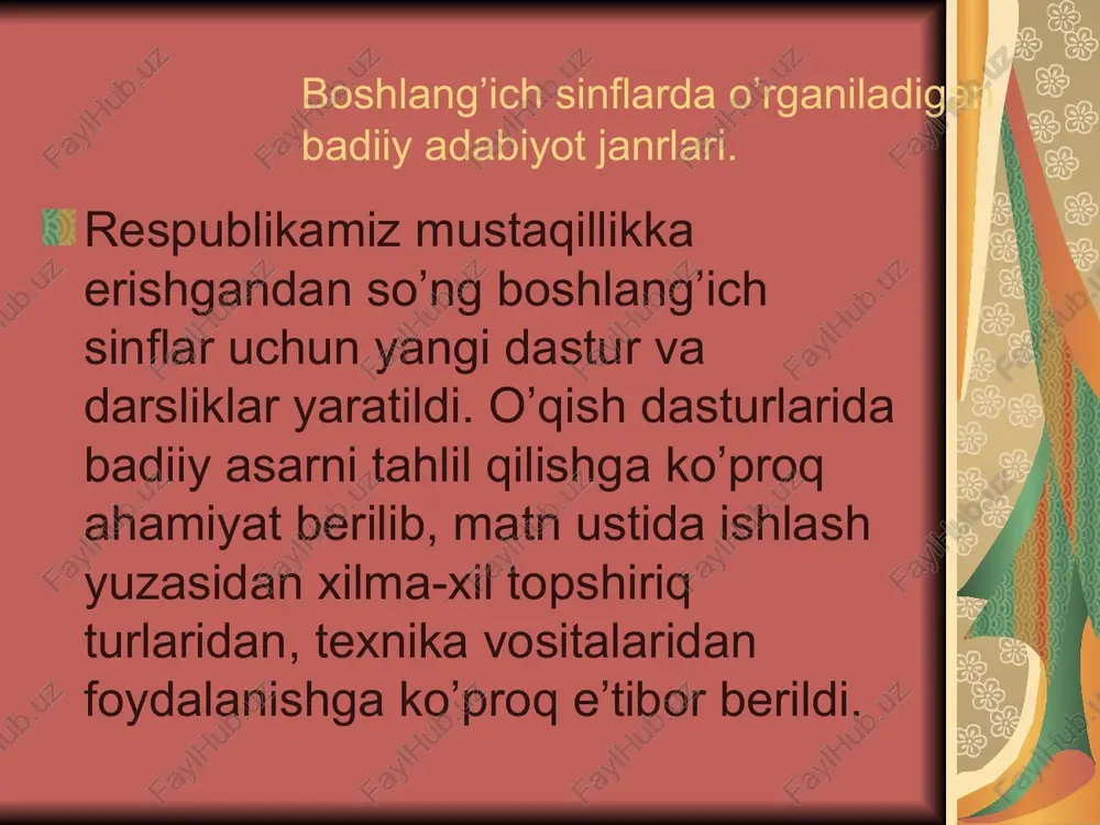 qilishdir. bu bosqichning vazifasi: syujet rivojining sabab natija bog’lanishini belgilash, ishtirok etish shaxslarning xulq-atvorini va asosiy xususiyatlarini aniqlash, asar kompozisiyasini ochishdir. tahlil jarayonida matn ustida ishlashning quyidagi turlaridan foydalaniladi. tanlab o’qish. bunda o’quvchi matnning berilgan vazifaga mos qismini o’qiydi. vazifa asarning faktik mazmunini oydinlashtirish, sabab-natija bog’lanishini belgilash, badiiy xususiyatini ochish, o’qilgan matnga o’z shaxsiy munosabatini ifodalashdan iborat bo’lishi mumkin. 4-sinfda “tabiatdagi o’zgarishlar berilgan qismlarini topib o’qing (oltin kuz)”, “taqachining nasihati”ni o’qing. asar rejasini tuzish. reja matn mazmunini ongli va chuqur tushunishga, asosiy fikrni ajratishda, voqealarning izchilligini belgilashda, matn qismlarining o’zaro bog’lanishini tushunishda o’quvchilarga yordam beradi. reja ustida ishlash o’quvchilar nutqi va tafakkurini o’stiradi. ular matnni mazmunan tugallangan qismlarga bo’lishga va har bir qismning asosini topishga o’rganadilar. reja tuzishga tayyorgarlik ishlari savod o’rgatish davridayoq boshlanadi. tayyorgarlik mashqining eng oddiy turi berilgan sarlavhalardan kichik matn mazmuniga mosini topib qo’yish hisoblanadi. bunday mashqqa o’rgatishda o’qituvchi sarlavha asosiy fikrni ifodalashini ta’kidlaydi, bolalar topgan sarlavhani …