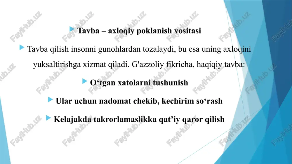 , shu bois din inson axloqini tartibga soluvchi asosiy omillardan biri hisoblanadi. din insonni axloqiy mukammallikka yetaklovchi yo‘l bo‘lsa, axloq esa insonni dinni chuqur tushunishga olib keluvchi mezondir. g‘azzoliy o‘z asarlarida inson faqatgina ibodat bilan emas, balki yaxshi axloq bilan ham mukammal shaxs bo‘lishi kerakligini uqtiradi. u keltirgan fikrlar nafaqat diniy nuqtayi nazardan, balki axloqiy tarbiya va shaxsiy kamolot nuqtayi nazardan ham muhim ahamiyat kasb etadi. g‘azzoliyning “tavba” asari asosida din va axloq abu homid al-g‘azzoliy islom falsafasi, tasavvuf va axloqiy tarbiyaning yirik namoyandalaridan biridir. uning “tavba” asari insonni axloqiy poklanish va ilohiy hidoyat sari yo‘naltirishga qaratilgan bo‘lib, bu asar din va axloq o‘rtasidagi mustahkam bog‘liqlikni yoritadi. tavba qilish nafaqat gunohlardan qutulish, balki axloqiy mukammallikka erishishning ham asosiy shartidir. din va axloqning uyg‘unligi g‘azzoliy ta'kidlashicha, din axloqning asosi bo‘lib, u insonni yaxshilikka, poklikka va adolatga yo‘naltiradi. axloqiy qadriyatlar diniy ta'limotlar bilan mustahkam bog‘liqdir. tavba qilish axloqiy tozalikning dastlabki bosqichi bo‘lib, …