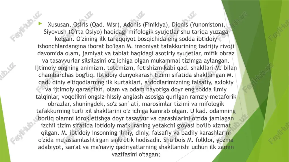 xulosaga kelishgan. ana shu nazariyani rivojlantirgan a. kun, v. shvars, v. mannhardt (germaniya), m. breal (fransiya), m. myuller (angliya), f. i. buslayev, a. n. afanasyev, o. f. myuller, a. a. potebnya (rossiya) kabi olimlar miflarni qiyosiy tadqiq etishgan. keyinchalik jahon mifshu-nosligida koʻplab yangi ilmiy yoʻnalishlar yuzaga kelgan. xususan, ingliz qiyosiy etnografiyasining yutuklari asosiga qurilgan "antropologik maktab" (e. taylor, e. lang , g. spenser, j. freyzer); mif va marosimlarni oʻzaro uzviyliqda tadqiq etgan kembrijlik mifshunoslarning "ritualistik maktab"i (d. harrison, f. m. kornford, a. b. kuk, g. marri); ibtidoiy madaniyatning ruhiy asoslarini oʻrgangan fransuz etnologlarining "ijtimoiy maktabi" (e. dyurkgeym, l. levi-bryul); mifologik tafakkurning intellektual hodisa sifatidagi oʻziga xosligini yoritib bergan "simvolistik maktab" (e. kassiyer, v. vundt, k. g. yung—germaniya); "strukturual maktab" (k. levi-stross—fransiya) vakillarining asarlarida miflar turli nuqtai nazardan taxdil kilingan. oʻzbek m.si esa gʻ. akramov, b. sarimsoqov, t. haydarov, t. rahmonov (mif va epos), m. joʻrayev, sh. turdimov (oʻzbek mifisining obrazlar …