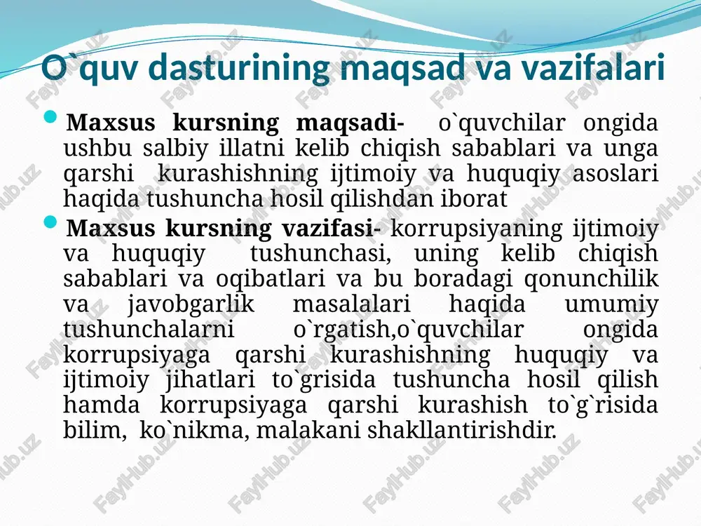 jinoyatlar uchun javobgarlik 3 2 2 1 5 jami 8 6 4 2 2 1-mavzu:korrupsiya tushunchasi, kelib chiqish sabablari va ijtimoiy xa vfliligi va unga qarshi kurashishning ijtimoiy -huquqiy asoslari korrupsiya tushunchasi mohiyatini yoritish ; o`zbekiston respublikasi prezidenti i.a.karimov asarlarida yoritilgan, korrupsiyaga qarshi kurashish masalalarini mazmun mohiyatini ochib berish korrupsiyaning kelib chiqishi va ijtimoiy xavfliligi haqida bilimlarni berish korrupsiyaga qarshi kurashishning asoslari to`g`risidagi ma`lumotlarni o`quvchilarga yetkazish 2-mavzu:o`zbekiston respublikasida korrupsiyaga qarshi kurashni amalga oshiradigan organlar va ularning vazifalari mamlakatimizda korrupsiyaga qarshi kurashni amalga oshiradigan ,davlatni mazkur sohadagi siyosatini olib boradigan maxsus davlat organlari to`g`risida . mamlakatimizda barcha sohalarida ushbu illatga qarshi kurashni takomillashtirishda, mansabdor shaxslarning suiste`moliklariga barham berishda prokuratura organlarining o`rni va ahamyati adliya vazirligining korrupsiyaga qarshi kurash va uning oldini olish bo`yicha faoliyati yo`nalishlari 3-mavzu:o`zbekiston respublikasining korrupsiyaga qarshi kurashni tartibga soluvchi normativ-huquqiy hujjatlari davlat boshqaruv sohasida korrupsiyani oldini olishga va unga qarshi kurashga qaratilgan normativ- huquqiy hujjatlar davlatning moliya -fiskal …