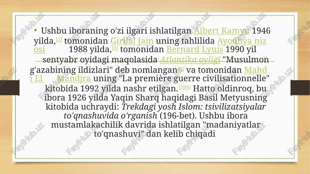 a o'zlarini g'arb tsivilizatsiyasining to'la a'zolari deb bilishadi. dunyo sobiq sovet ittifoqi, sobiq yugoslaviya, bolgariya, kipr, gretsiya va ruminiya.ortodoksal bo'lmagan ko'pchilik bo'lgan mamlakatlar odatda chiqarib tashlanadi, masalan. musulmon ozarbayjon va musulmon albaniya va ko'pi markaziy osiyo, shuningdek, musulmonlarning aksariyat mintaqalari bolqon, kavkaz va shunga o'xshash rossiyaning markaziy mintaqalari tatariston va boshqirdiston, rim-katolik sloveniya va xorvatiya, protestant va katolik boltiqbo'yi davlatlari ). biroq, armaniston dominant e'tiqodiga qaramay, kiritilgan armaniy apostol cherkovi, bir qismi bo'lish sharq pravoslavligi o'rniga sharqiy pravoslav cherkovi va qozog'iston dominant imonga ega bo'lishiga qaramay, shuningdek, kiritilgan sunniy islom. xantington 2004 yilgi jahon iqtisodiy forumida xantingtonning ta'kidlashicha, sovuq urush tugaganidan keyin global mojaro tendentsiyalari ushbu tsivilizatsiya bo'linishlarida tobora ko'proq paydo bo'lmoqda. bunday ajralishdan keyingi urushlar yugoslaviya, yilda checheniston va hindiston va pokiston o'rtasida tsivilizatsiyalararo ziddiyatning isboti sifatida keltirilgan. shuningdek, u g'arbning qadriyatlari va siyosiy tizimlarining universalligiga keng tarqalgan g'arb e'tiqodi naiflikdir va demokratlashtirish va shu kabi "universal" me'yorlar bo'yicha …