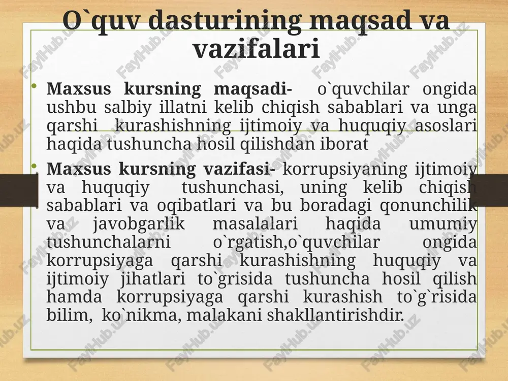 va jinoyatlar uchun javobgarlik 3 2 2 1 5 jami 8 6 4 2 2 1-mavzu:korrupsiya tushunchasi, kelib chiqish sabablari va ijtimoiy xa vfliligi va unga qarshi kurashishning ijtimoiy -huquqiy asoslari korrupsiya tushunchasi mohiyatini yoritish ; o`zbekiston respublikasi prezidenti i.a.karimov asarlarida yoritilgan, korrupsiyaga qarshi kurashish masalalarini mazmun mohiyatini ochib berish korrupsiyaning kelib chiqishi va ijtimoiy xavfliligi haqida bilimlarni berish korrupsiyaga qarshi kurashishning asoslari to`g`risidagi ma`lumotlarni o`quvchilarga yetkazish 2-mavzu:o`zbekiston respublikasida korrupsiyaga qarshi kurashni amalga oshiradigan organlar va ularning vazifalari mamlakatimizda korrupsiyaga qarshi kurashni amalga oshiradigan ,davlatni mazkur sohadagi siyosatini olib boradigan maxsus davlat organlari to`g`risida . mamlakatimizda barcha sohalarida ushbu illatga qarshi kurashni takomillashtirishda, mansabdor shaxslarning suiste`moliklariga barham berishda prokuratura organlarining o`rni va ahamyati adliya vazirligining korrupsiyaga qarshi kurash va uning oldini olish bo`yicha faoliyati yo`nalishlari 3-mavzu:o`zbekiston respublikasining korrupsiyaga qarshi kurashni tartibga soluvchi normativ-huquqiy hujjatlari davlat boshqaruv sohasida korrupsiyani oldini olishga va unga qarshi kurashga qaratilgan normativ- huquqiy hujjatlar davlatning moliya …