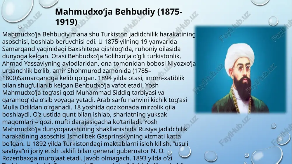 ur va iftixor tuygʻularini singdirishga urindilar. rusiya qonunlari imkon bergan darajada turkiston musulmonlarining shaʼnu shavkatini himoya qildilar, inqilob yillarida esa mustaqillik bayrogʻini baland koʻtardilar. mahmudxo‘ja behbudiy. muhtaram yoshlarg‘a murojaat (1914) (parcha) “har bir mamlakatda islohot va madaniyat asbobig‘a tavassul va tashabbus etmoqlik harakati u mamlakatning yoshlari tarafidan zuhur eta boshlagani kabi, bizning turkistonda ham madaniyat eshigi manzalasida bo‘lgan makotibi ibtidoiyya ila intiboh va islohot jarchisi bo‘lgan milliy matbuot g‘ayratlu yoshlarning harakoti maorifparvaronalari soyasida vujudga keldi. shuning uchun har bir milliy havoyijimizdan bo‘lgan mushkul ishlarda yolg‘iz yoshlarimizni marja’ va umidgoh tutib, alardan yordam so‘raymiz (mollari yoki so‘zlari ila millat foidasig‘a yordamlari tekgan ba’zi ulamou ag‘niyomiz ham yoshlar qatoridadurlar). muhtaram birodarlar! barchamizga oftob kabi ravshan va ayondurki, makotib— taraqqiyning boshlang‘ichi, madaniyat va saodatning darvozasidur. har millat eng avval, makotibi ibtidoiysini zamoncha isloh etib ko‘payturmaguncha taraqqiy yo‘lig‘a kirub madaniyatdan foydalanmas. madaniyati hoziradan mahrum qolub, sanoe’ va maorif salohi ila qurollanmagan millat esa, dunyoda …