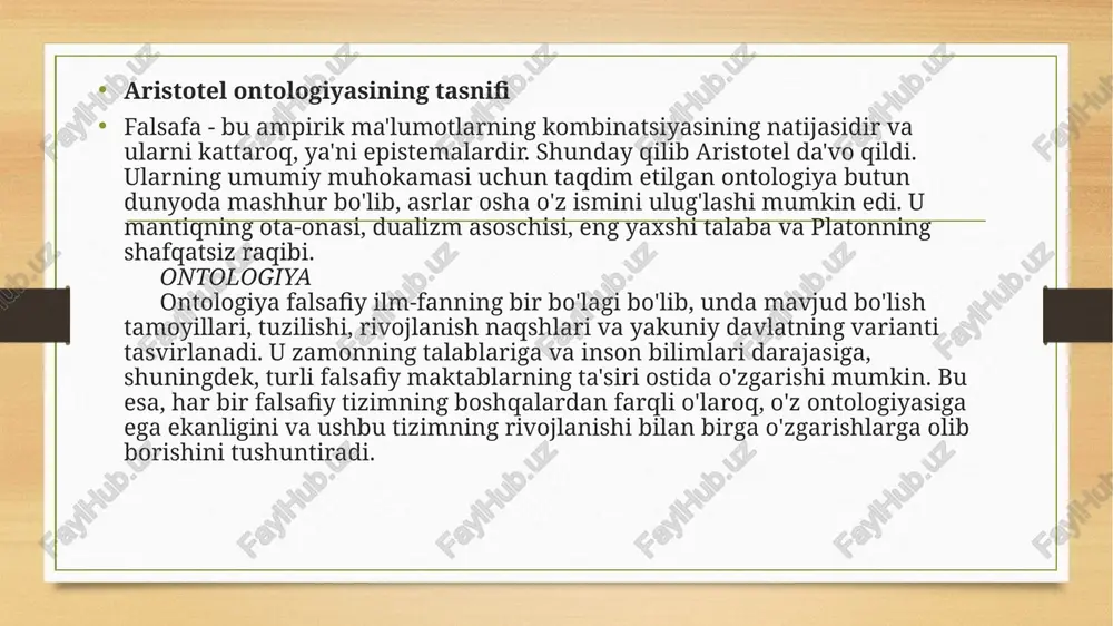 ijasida odamlarning turlaridan qat'iy ish, ijodkorlik, tartibni saqlash, boshqalarni boshqarish va hokazolarga xos xususiyatlar mavjud. ideal holda har bir kishi o'z o'rnida va idil hukmronlik qiladi. epistemologiya bu falsafaning bilim nazariyasi, uni tanqid qilish, rivojlantirish va isbotlash bilan shug'ullanadigan qismidir. falsafiy bilimlarni real hayotda qo'llash mumkinmi yoki faqat xulosalar bo'lib qoladimi-yo'qligini tahlil qiladigan ushbu fan. bilimning manbai, o'zingiz bilganingizdek, tajriba. tadqiqotchining o'zi his qilgan bilimlari alohida ahamiyatga ega. o'sha paytda bilish muammosi faylasuflarga yaqin edi va chetda qolmasdan, ontologiyaga bilim olish jarayonini tushunishni o'z ichiga olgan aristotel o'z nazariyasini ishlab chiqdi. farobiy (taxallusi; to'liq ismi abu nasr muhammad ibn muhammad ibn uzlug' tarxon forobiy) (873—950) o'rta osiyoning ulug' mutafakkiri va qomusiy olimi forobiy yunon falsafasini chuqur bilgani, unga sharhlar bitganligi va jahonga targ'ib qilgani hamda zamonasining ilmlarini puxta o'zlashtirib, fanlar rivojiga ulkan hissa qo'shgani uchun "al-muallim as-soniy" ("ikkinchi muallim", aristoteldan keyin), "sharq arastusi" nomlariga sazovor bo'ldi. forobiy sirdaryo sohilidagi forob …