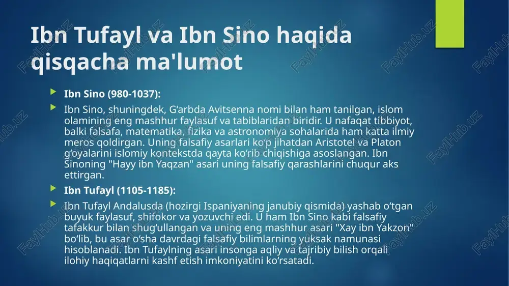 n tufayl o‘z asarlarida inson aqli va tajribasi orqali nafaqat dunyoni, balki ilohiy haqiqatlarni ham kashf eta olishini ko‘rsatadi. farqlar va falsafiy yondashuvdagi tafovutlar 1. falsafiy metodologiya: ibn sino asarida insonning bilish jarayoni ilmiy metod va mantiq asosida olib boriladi. uning qahramoni ilmiy-tibbiy yondashuvni qo‘llaydi va tabiat hodisalarini tahlil qilib, haqiqatga yetadi. ibn tufayl esa ekzistensial yondashuvga ko‘proq e’tibor beradi. uning qahramoni hech qanday tashqi ta’lim yoki ilmiy ko‘rsatmalarga ega bo‘lmagan holda o‘z aqli va kuzatuvlari orqali o‘zining ichki haqiqatini kashf etadi. 2. tushunchaning mazmuni: ibn sino asari ko‘proq murakkab ilmiy va falsafiy tushunchalar bilan boyitilgan bo‘lsa, ibn tufaylning asari nisbatan osonroq tilda yozilgan, hikoya shaklida bo‘lib, falsafiy tushunchalarni keng o‘quvchilar uchun tushunarli qilib yetkazadi. ibn sinoning asari ilm-fan bilan ko‘proq bog‘liq bo‘lsa, ibn tufaylning asari ilohiy-falsafiy ruhiyatga ega. 3. bilishning o‘rni va vositalari: ibn sinoda inson ilm va tajriba orqali haqiqatni biladi, ya’ni bu yerda ilmiy bilim va mantiqiy …