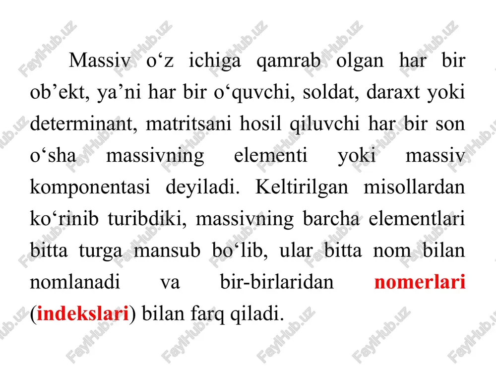 ni. ushbu massivi quyidagicha o’qiladi. «elementlari haqiqiy sonlardan iborat bo’lgan a nomli massiv e’lon qilingan bo‘lib, elementlari soni 20 ta va ular 0 dan 19 gacha nomerlangan». massivni bu tarzda e’lon qilishdan maqsad ehm xotirasida uning elementlari uchun joy ajratishdir. massivni e’lon qilmasdan uning elementlaridan dastur tarkibida foydalanib bo’lmaydi. c++ dasturlash tilida massiv elementlari noldan boshlab nomerlanadi. masalan, massiv o’lchami n bo‘lsa uning elementlari 0 dan n-1 gacha nomerlanadi. massiv elementlari nomerli kvadrat qavsga olib ko’rsatiladi. demak, yuqorida e’lon qilingan massivning birinchi element a[0], oxirgi elementi esa a[ 19] bo’ladi. massiv elementlari nomerli albatta butun son bo’lishi shart. shuningdek, massiv indeks qiymati butun son bo’ladigan algebrik ifoda bo’lishi ham mumkin. yoki massiv indeksi butun turli o’zgaruvchi ham bo’lishi mumkin. shuning uchun agar massiv indeksini sikl parametri kabi aniqlash yo‘li bilan massivning barcha elementlari ustida amallar bajarish mumkin. misol: 10 ta elementdan tashkil topgan massiv elementlarini hosil qilib, elementlarini ikkiga ko‘paytirib …