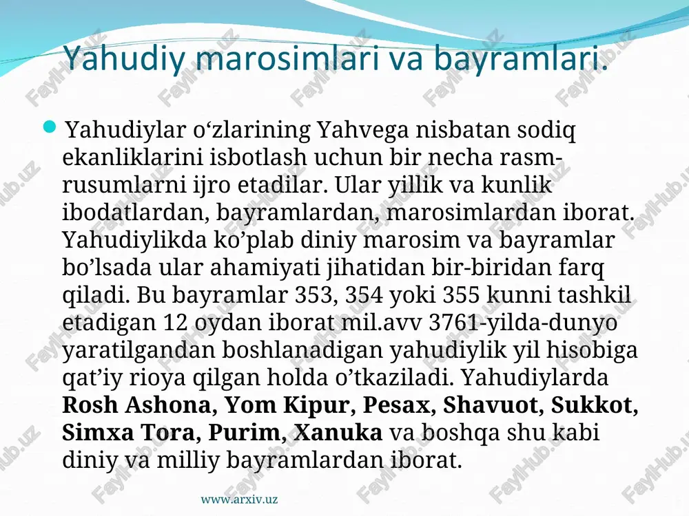 ukkot boshlanishining 9- kuni hatm bayrami “simxa tora” (ibroniycha tavrot quvonchi) nishonlanadi. har bir yahudiy honadonida “tavrot” bo’lib, unga nisbatan hurmat hamma narsadan ustun turadi. biror yig’ilishda “tavrot” yerga tushirib yuborilgudek bo’lsa, u yerda bo;lganlarning barchasi kafforati evaziga o’ttiz kun ro’za tutishlari shart bo’lib qoladi. www.arxiv.uz simxa tora www.arxiv.uz ssevereeatsaenaeerets syierers sens es nn cen seyerees severe anets seas rots sepang aceon erage eats ae anc rise eee ee ee ee pen ge era sine ose ee nee en ae viren ee ae ae ee er meee re ee vieu ree een tea eel ne cone seas ares ers res roses se eee sees eng ecaaen ee rrs: bsus - z s ess roe | —e—eesesesessssssssscon a en a a von nv en urea ei eee eam ame een a se erg eg se enue see besar nrne aa atnct br een peice ieee rou neu ricein ee ucacrrrn aa …