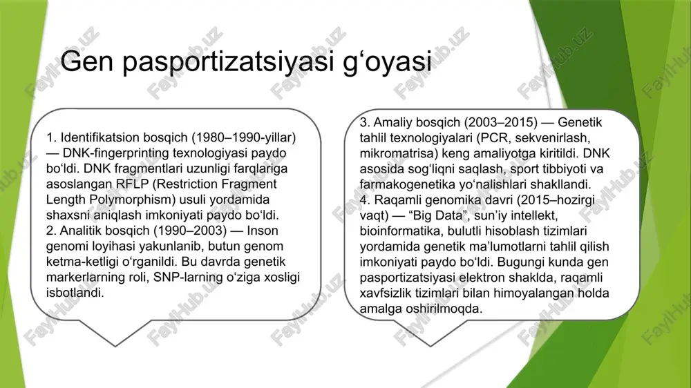 nik guruhlarning genetik profillari asosida mahalliy sog‘liqni saqlash dasturlari ishlab chiqilmoqda. rossiyada esa “genom rossii” dasturi fuqarolarning genetik ma’lumotlarini yig‘ish, genetik kasalliklarni diagnostika qilish va individual terapiya tizimini yo‘lga qo‘yishni maqsad qilgan. bunday yirik loyihalar natijasida mamlakat miqyosida genetik tadqiqotlar, farmatsevtika, onkologiya va reproduktiv tibbiyot yo‘nalishlarida sezilarli yutuqlar kuzatilmoqda. milliy genom loyihalari zamonaviy biotexnologiya, informatika va tibbiyot fanlarining uzviy integratsiyasi asosida olib boriladi. eng mashhur loyihalardan biri — buyuk britaniyada amalga oshirilgan “uk biobank” loyihasi bo‘lib, bu tashabbus doirasida yarim milliondan ortiq fuqaroning genetik ma’lumotlari yig‘ilgan. bu ma’lumotlar asosida turli kasalliklarning genetik asoslari, atrof-muhit ta’siri va irsiy omillar o‘rtasidagi bog‘liqliklar aniqlanmoqda. shuningdek, aqshda “all of us” dasturi doirasida 1 million ishtirokchining genom ma’lumotlarini to‘plash rejalashtirilgan bo‘lib, bu loyiha shaxsiy tibbiyotga asos yaratish bilan bir qatorda, irsiy va ijtimoiy omillarni tahlil qilish imkonini ham beradi. gen pasportizatsiyasining amaliy, ijtimoiy va huquqiy ahamiyati xulosa gen pasportizatsiyasi zamonaviy biologiya, tibbiyot va axborot texnologiyalarining …