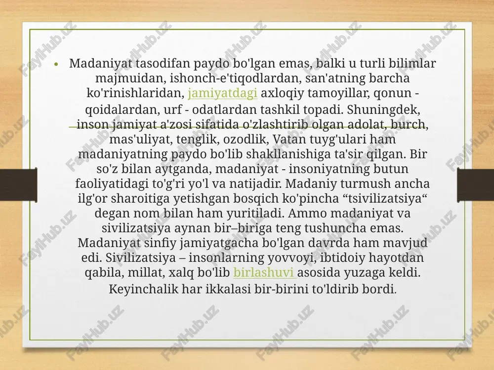 ng “tug'ilish“ davri, ya'ni yevropa madaniyatini paydo qilgan davrdir. dunyoning boshqa hududlarida antik davrga oid madaniy yodgorliklar aleksandr makedonskiy yurishlaridan keyin paydo bo'ldi. jumladan, o'rta osiyodagi, xususan, o'zbekiston hududidagi “antik san'at” yoki ellinizm madaniyati degan termin aynan mil. avval. iv–iii asrlardagi yodgorliklarga nisbatan qo'llanmoqda. masalan, yunonistondagi haykaltaroshlikning qadimgi o'zbekiston hududida paydo bo'lgani ana shu tarixiy jarayon bilan bog'lanadi. haykaltaroshlik tasviriy va amaliy san'atni, mifologiyani, fol`klorni, mafkurani ifoda etadi. bu davrda tafakkurda ham o'zgarish yuz berdi. fikrlashda moddiy mavjud narsalarga nisbatan aqlda mavjud narsalar va tushunchalar asosiy o'rin egallay boshlaydi. antik davr odami ham jamiki insoniyatning hayot yo'lini bosib o'tgan. dunyoqarash, tafakkur turli tarixiy davrlarda turli xil kechadi. lekin yunoniston va rim madaniyatini birlashtirib turadigan ko'p jihatlar bor. har ikkala mamlakatning ko'p sonli aholisi o'rta yer dengizi havzasi atrofiga yoyilib ketgan edi. ana shu tarqoq aholi o'rta yer dengizi madaniyati deb atalgan madaniyatdan oziqlandilar. har ikkala mamlakat ham tosh qurollarni, keyinroq …