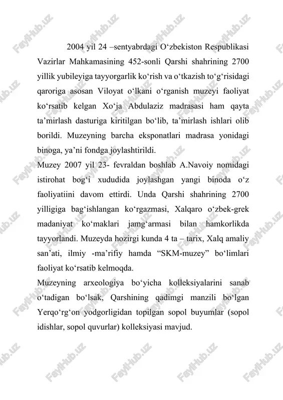 aftazoniyning «taxziyb almantiq valkalom» asariga, nasafiyning «aqoid annasafiy» asariga yozilgan sharhlar va boshqalar. madaniy-maʼrifiy muassasa. 1975-yilda qarshi shahrida tashkil etilgan. muzeyda tarix, xalq amaliy sanʼati, tabiat, xotira va qadriyat boʻlimlari bor. muzey fondida 20 mingdan ziyod numizmatika, arxeologiya, tasviriy va amaliy sanʼat asarlari, tarixiy hujjatlar, nodir qoʻlyozmalar, kitoblar, maishiy va etnografiyaga oid eksponatlar mavjud (2005). muzey ilmiy tekshirish ishlari olib boradi, fondini boyitadi, kitob, kataloglar nashr etadi; jumladan, rimda fransuz tilida chop etilgan «qarshi oʻlkashunoslik muzeyidagi sharq qoʻlyozmalari katalogi» (2004, 50 dan ortiq qoʻlyozmalar haqida maʼlumotlar bor) va boshqalar mustaqillik yillaridan qashqadaryo iqtisodiy-ijtimoiy va madaniy hayoti sohasida qoʻlga kiritilgan yutuqlar, fan taraqqiyotini namoyon etuvchi eksponatlar bilan boyitilmoqda. muzey noyob kartinalar toʻplami hamda nodir qoʻlyozma kitoblarga ega. mas, nodir qoʻlyozmalar orasida taftazoniyning «taxziyb almantiq valkalom» asariga, nasafiyning «aqoid annasafiy» asariga yozilgan sharhlar va boshqalar. 2022-2026 yillarga mo‘ljallangan yangi o‘zbekistonning taraqqiyot strategiyasida ham muzeylar faoliyatini rivojlantirish va ularning moddiy-texnik bazasini yangilash bo‘yicha …